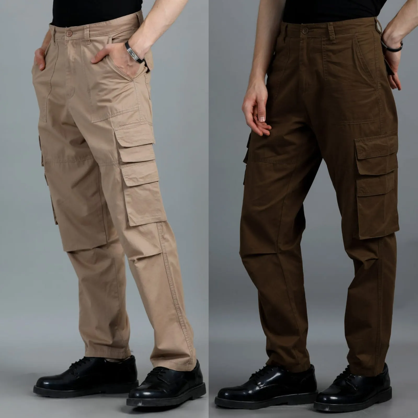 Men 2 Cotton Relaxed Fit Cargo Trousers, Brown khakhi