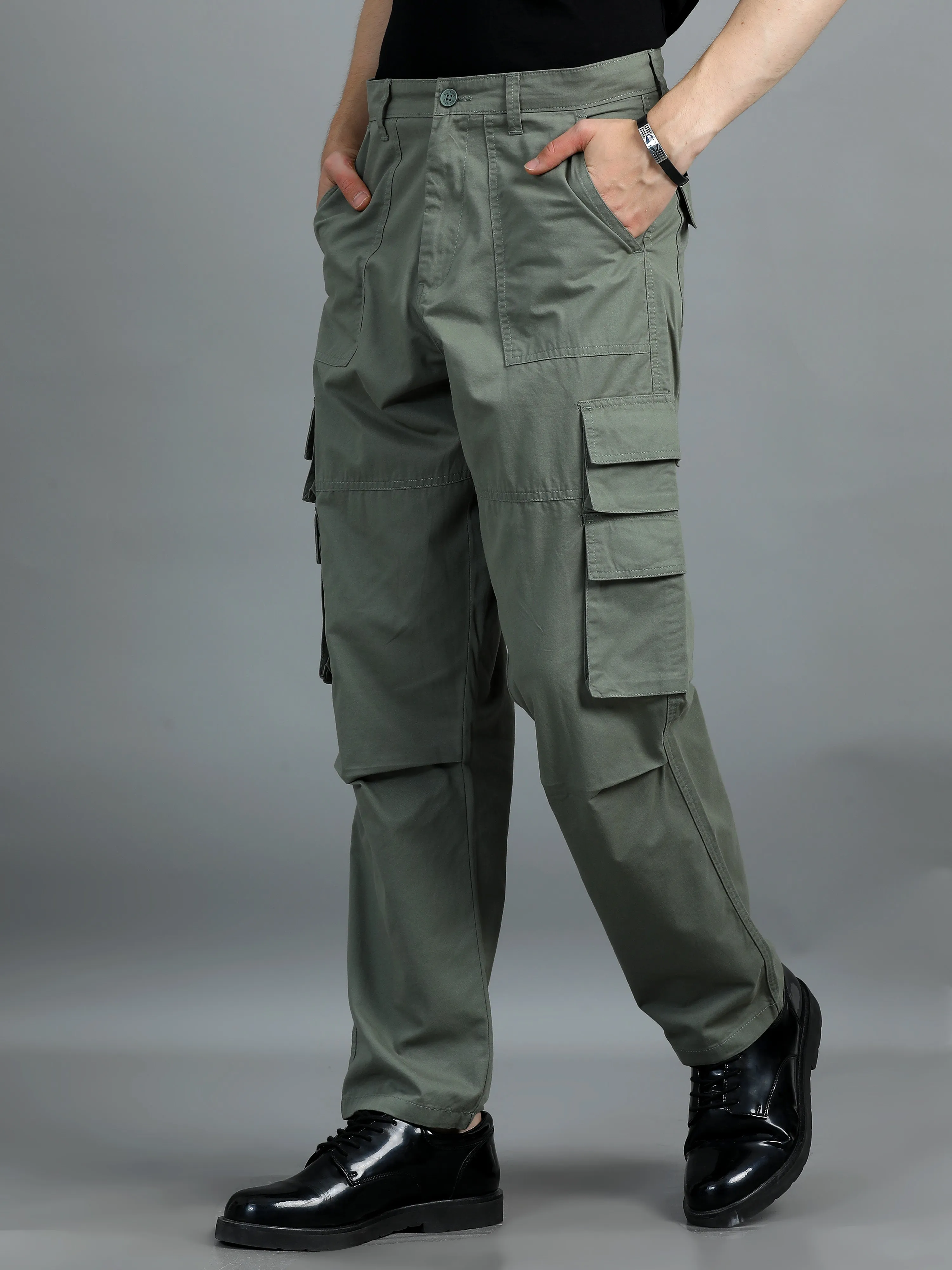 Men 2 Cotton Relaxed Fit Cargo Trousers, Brown Moss Green