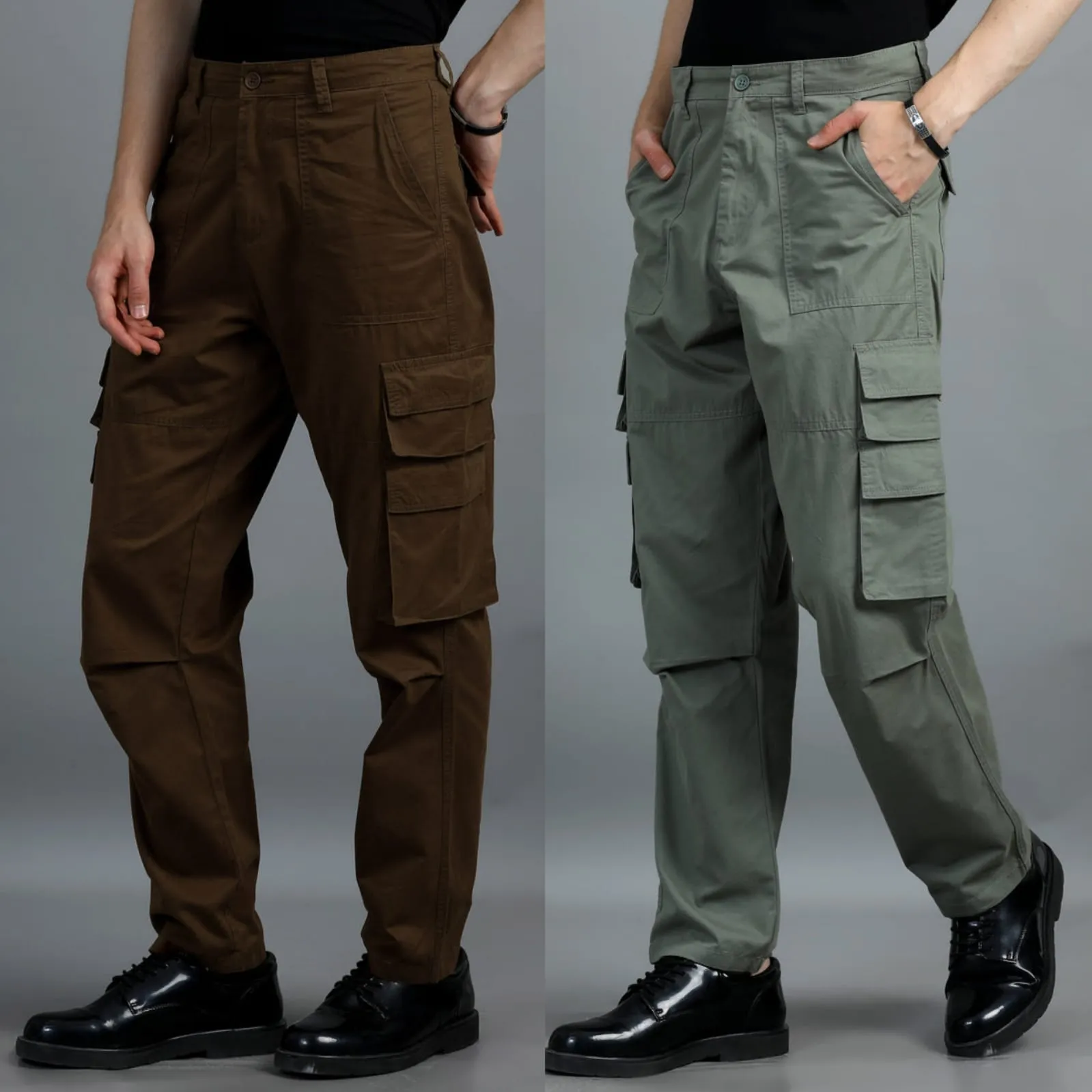 Men 2 Cotton Relaxed Fit Cargo Trousers, Brown Moss Green