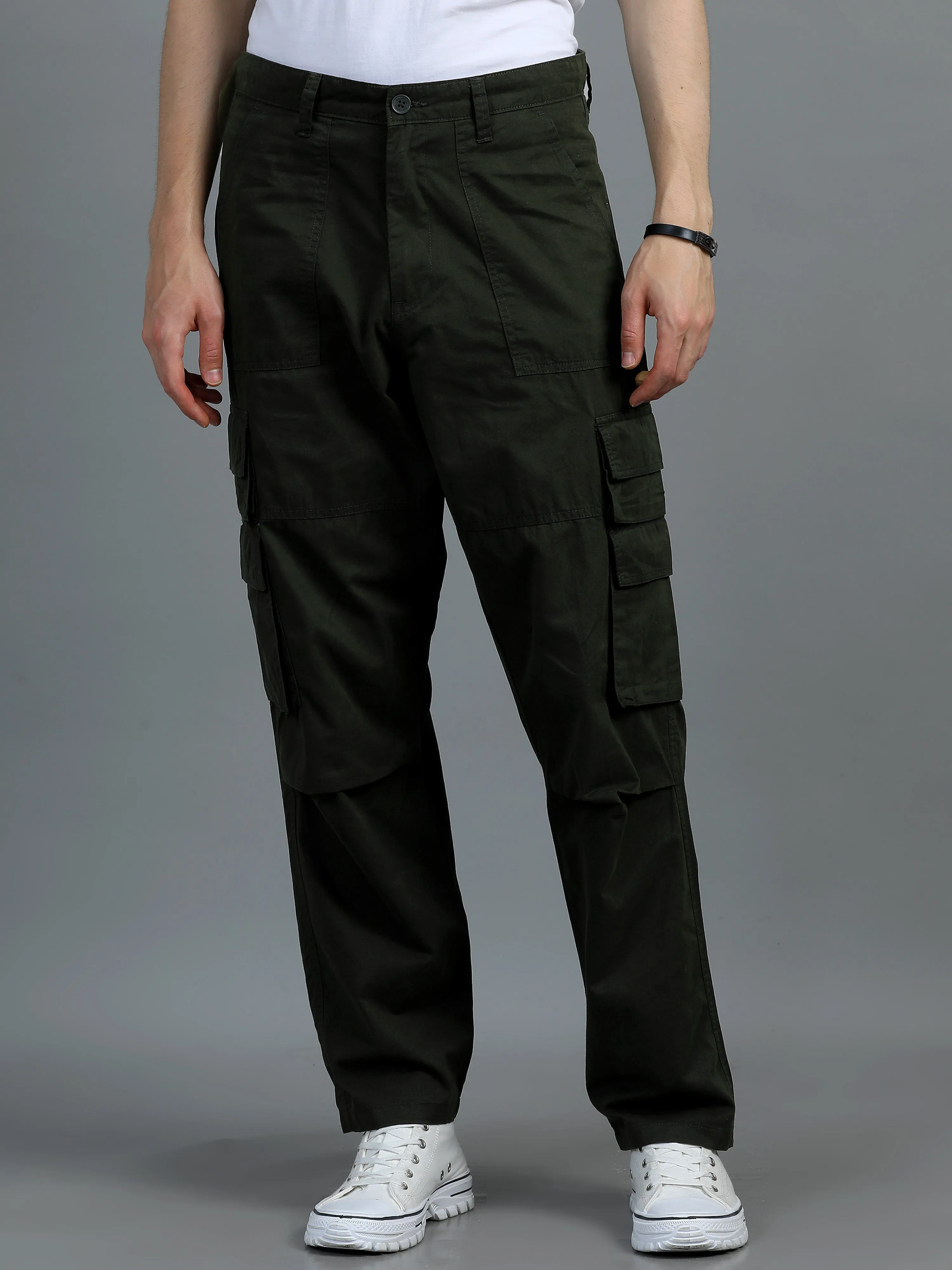 Men 2 Cotton Relaxed Fit Cargo Trousers, Dark Olive Khakhi