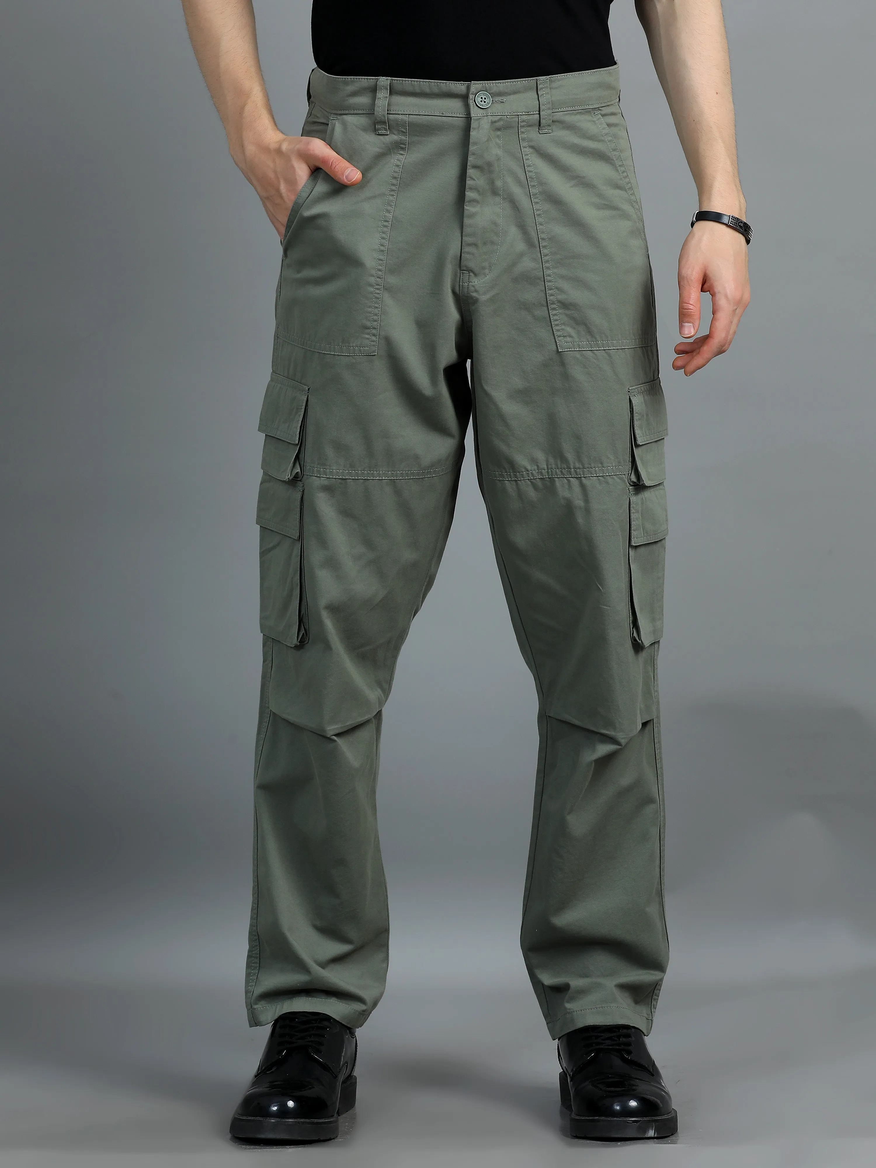 Men 2 Cotton Relaxed Fit Cargo Trousers, Moss Green Charcoal Grey