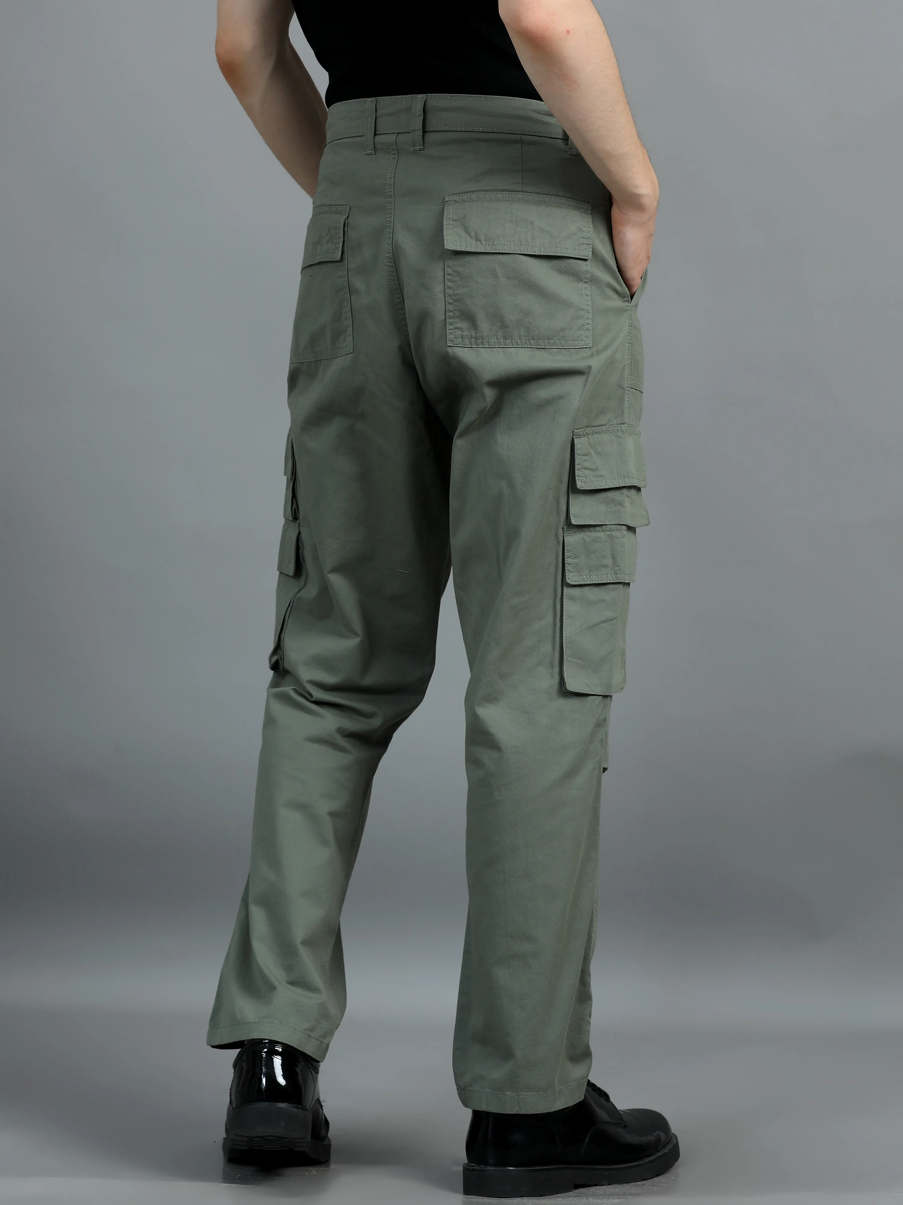 Men 2 Cotton Relaxed Fit Cargo Trousers, Moss Green Charcoal Grey