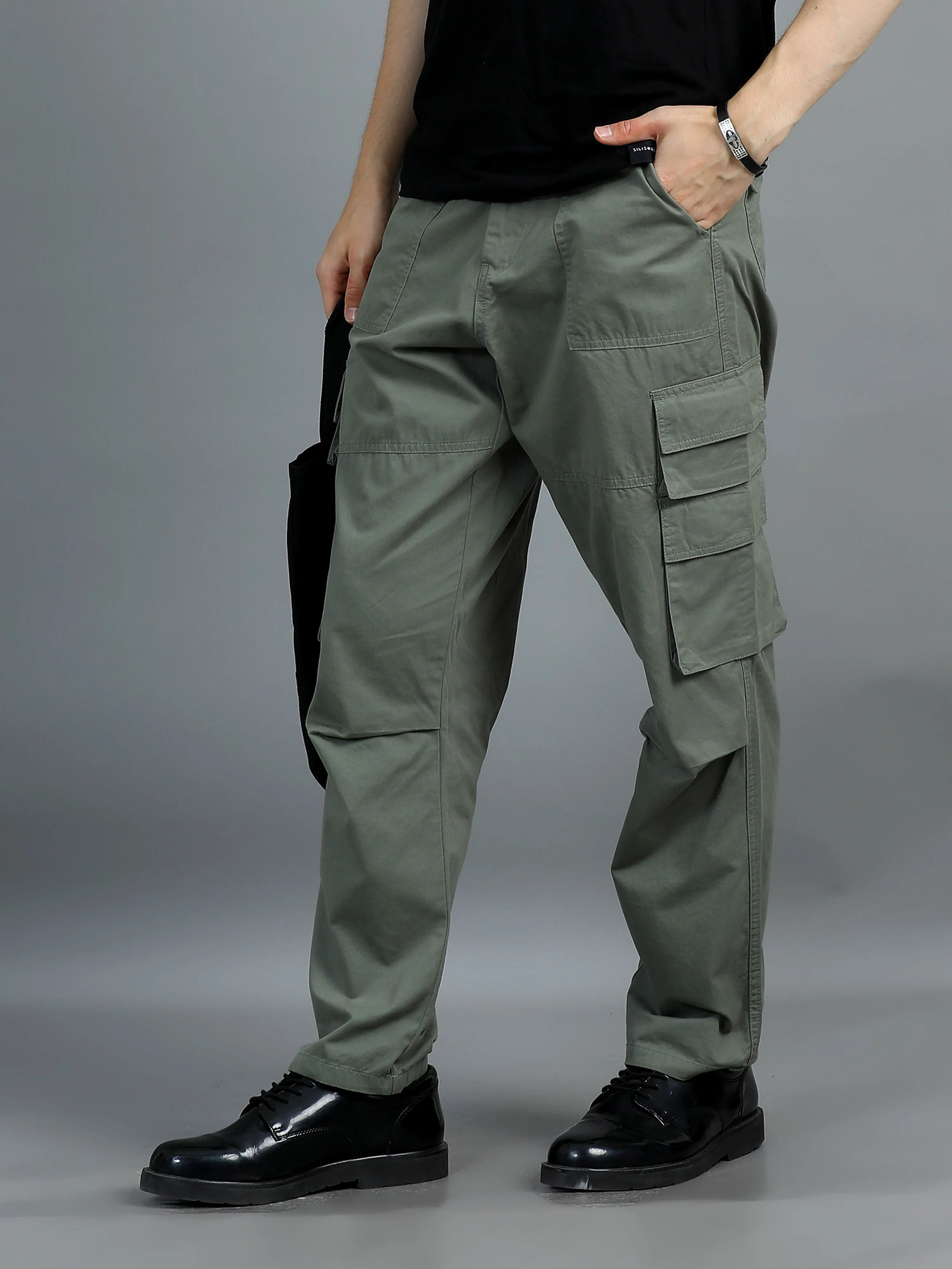 Men 2 Cotton Relaxed Fit Cargo Trousers, Moss Green Charcoal Grey