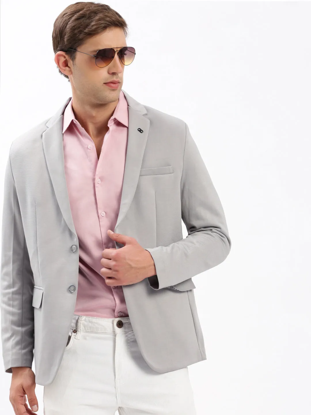 Men Notched Lapel Solid Grey Blazer