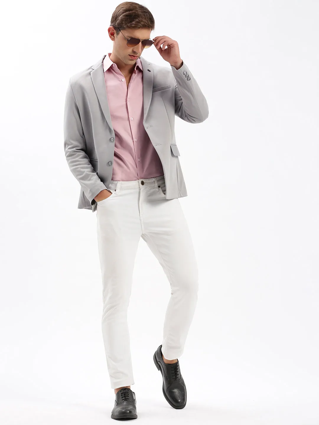 Men Notched Lapel Solid Grey Blazer