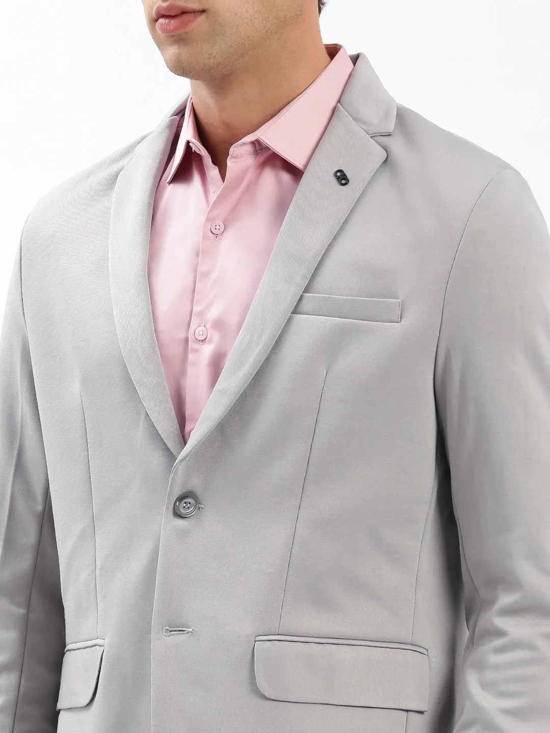 Men Notched Lapel Solid Grey Blazer