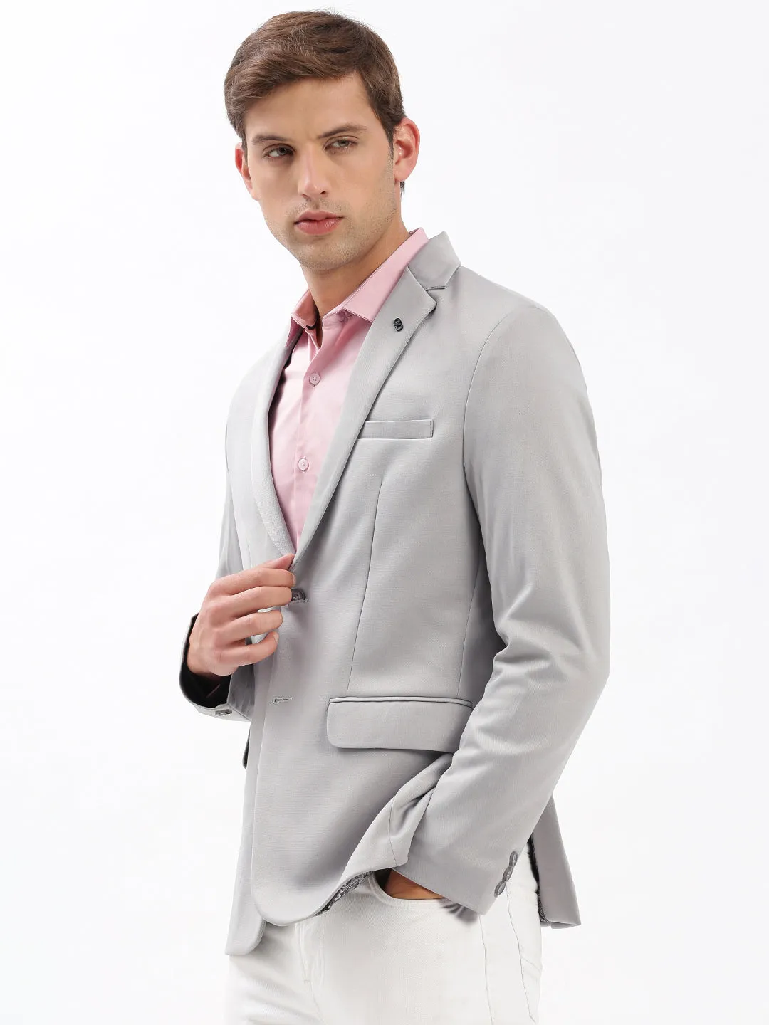 Men Notched Lapel Solid Grey Blazer