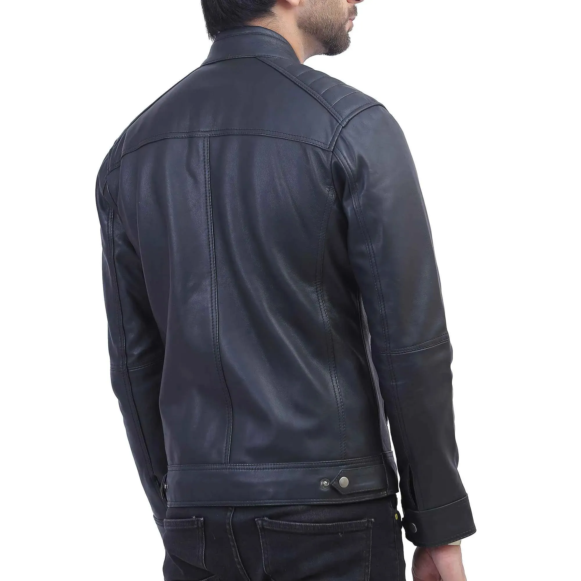 Mens Quilted Shoulder Black Leather Jacket