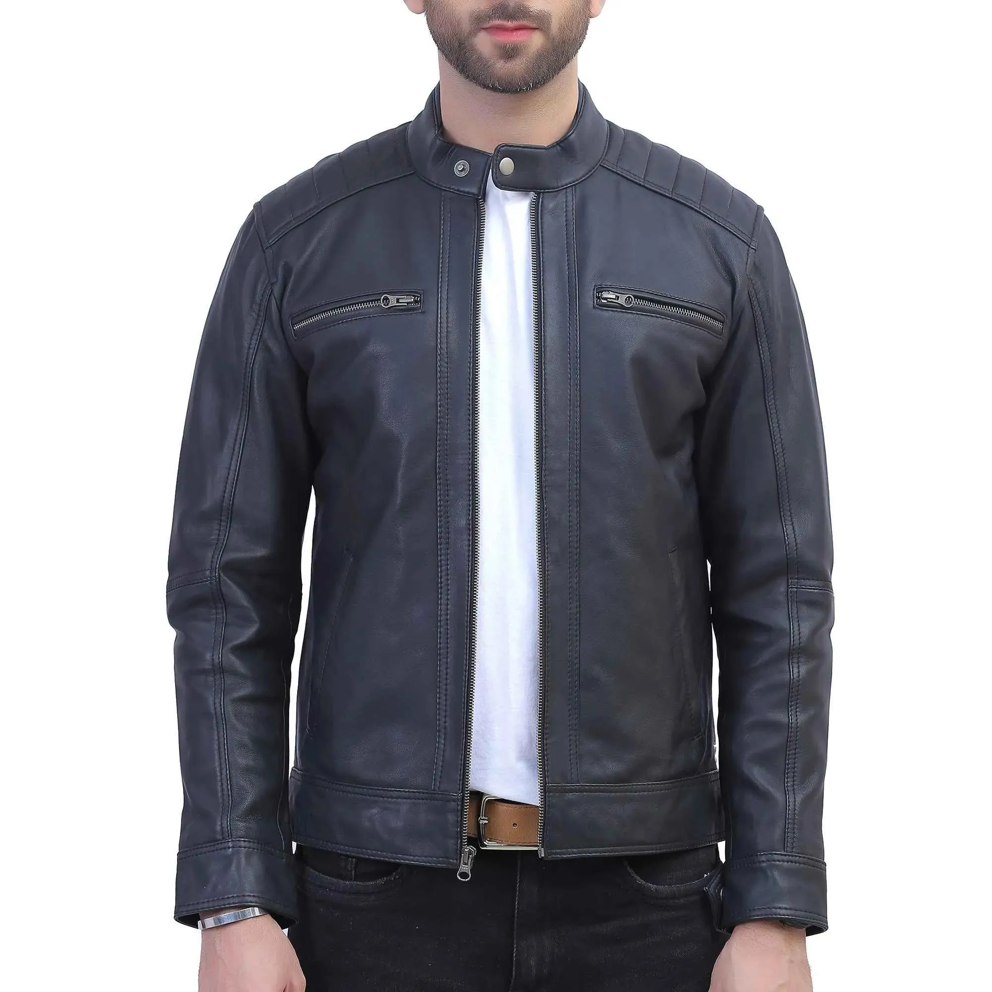 Mens Quilted Shoulder Black Leather Jacket