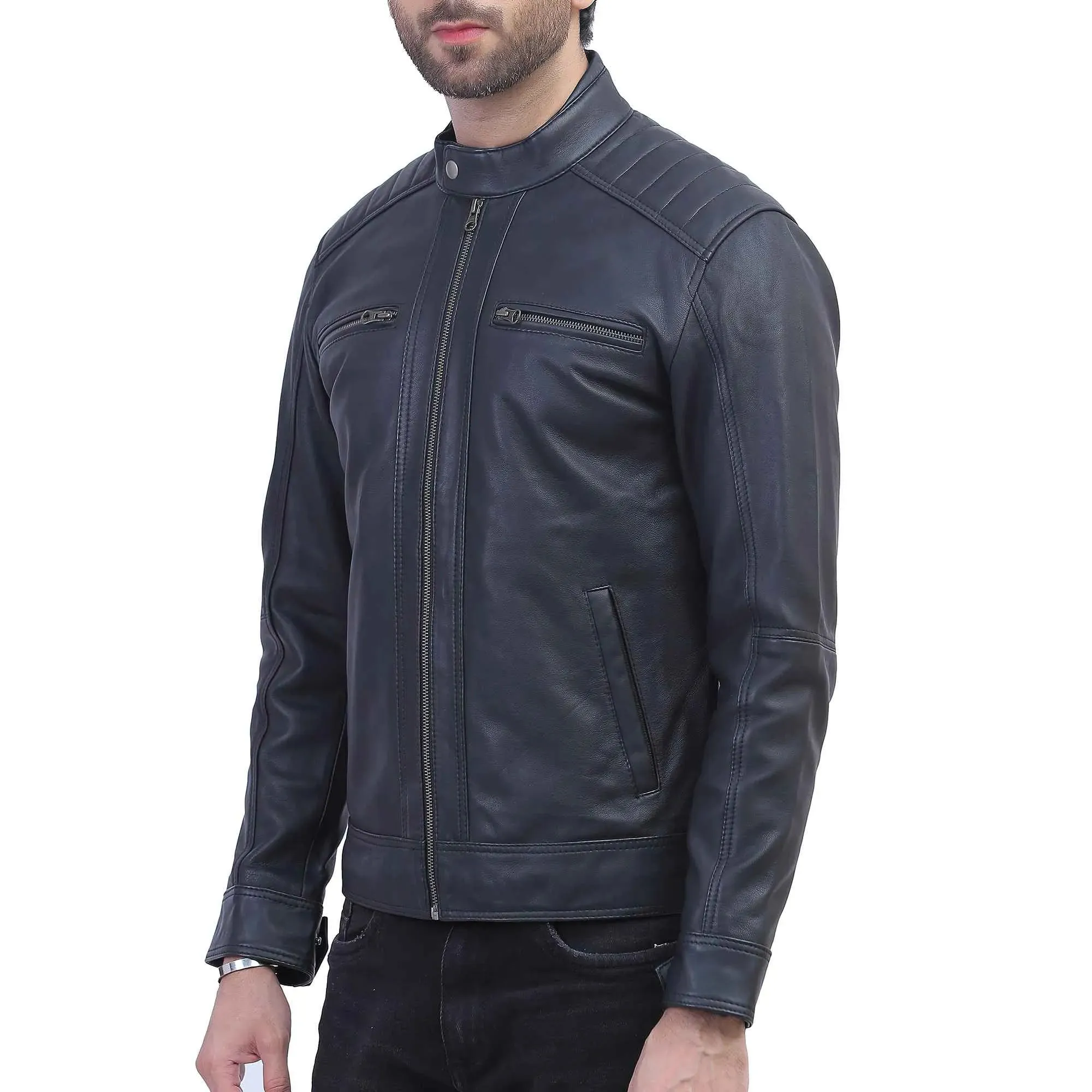 Mens Quilted Shoulder Black Leather Jacket