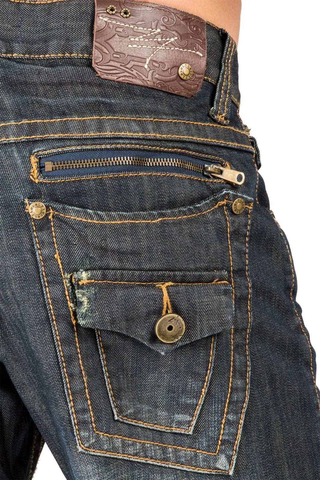 Men's Relaxed Bootcut Dark Vintage Premium Denim Jean Zipper Back Pockets