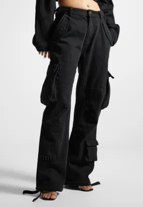 Mid Rise Cargo Pants - Black