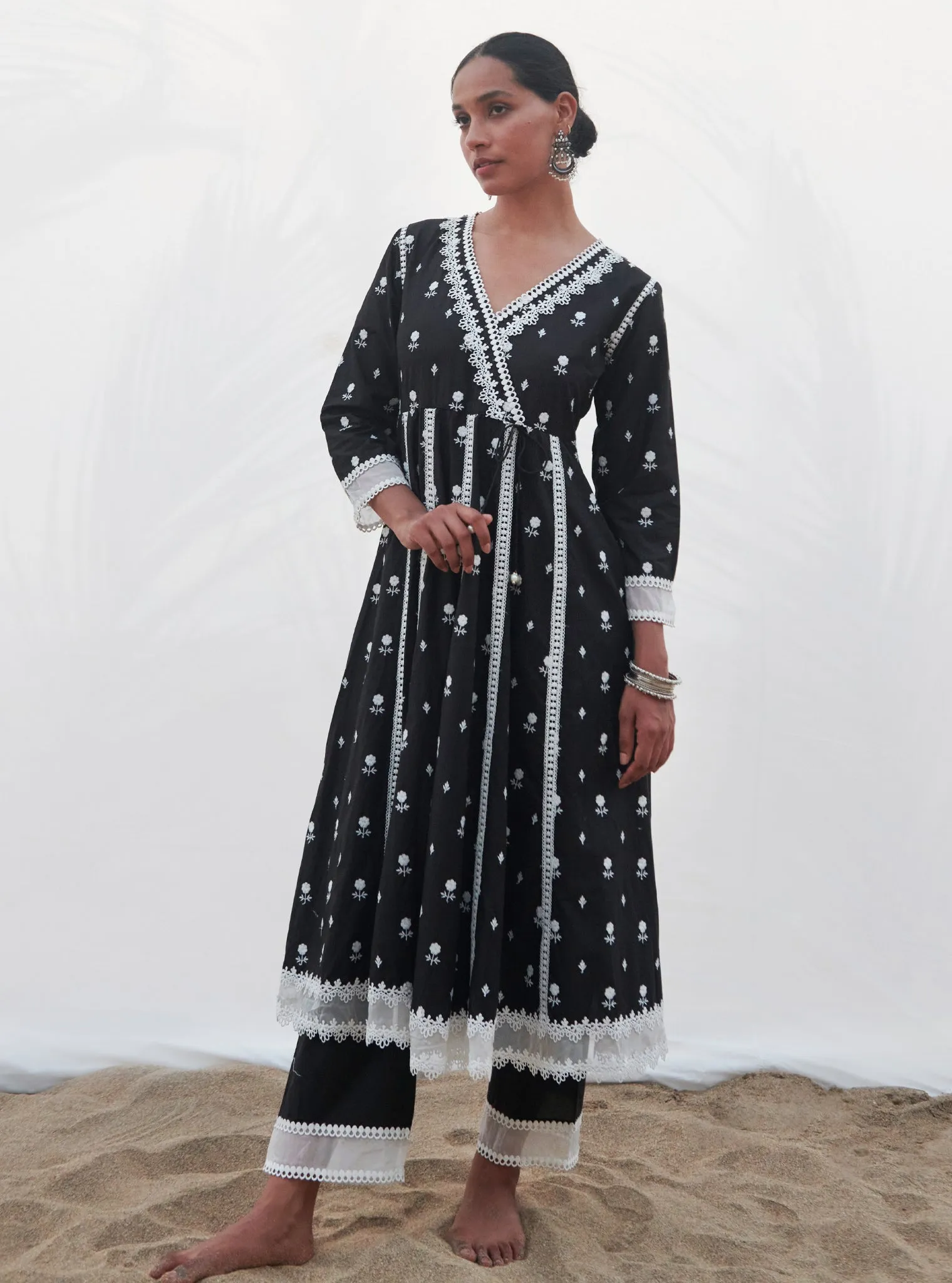 Mulmul Cotton Arambol Anarkali Black Kurta With Mulmul Cotton Arambol Black Pant