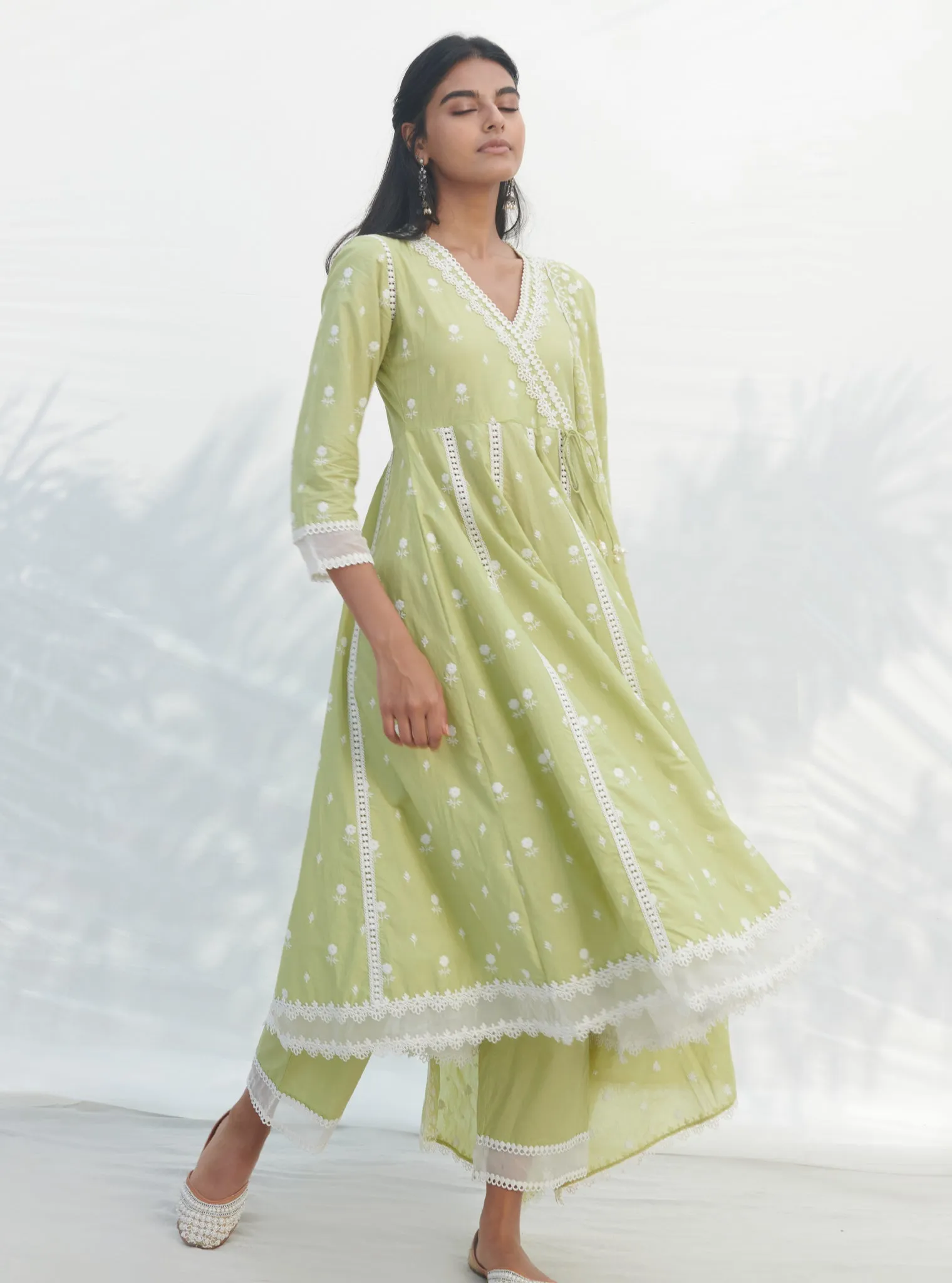 Mulmul Cotton Arambol Anarkali Lime Kurta With Mulmul Cotton Arambol Lime Pant