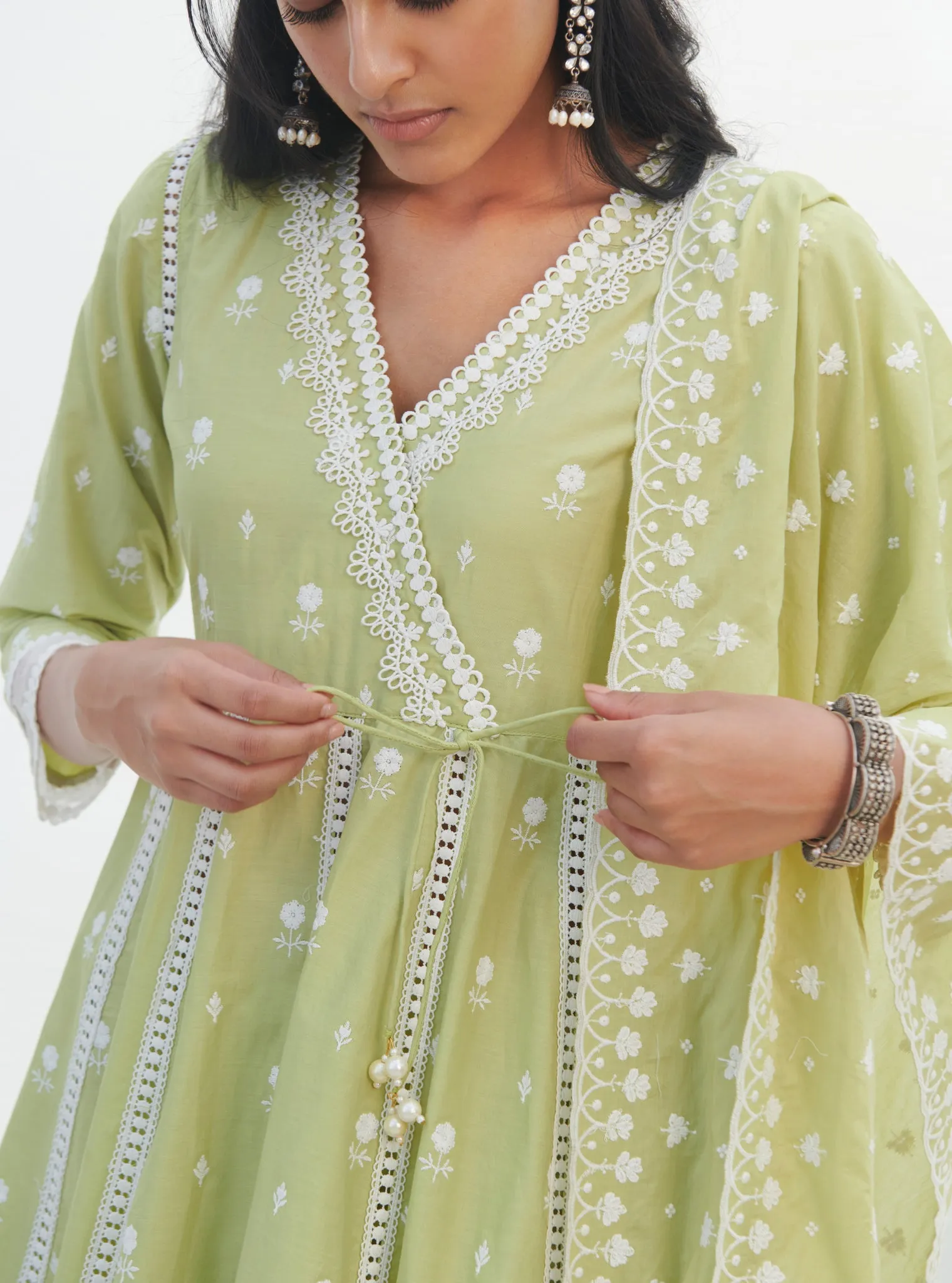 Mulmul Cotton Arambol Anarkali Lime Kurta With Mulmul Cotton Arambol Lime Pant