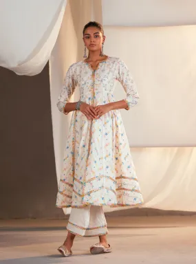 Mulmul Cotton Ayla Anarkali Off White Kurta With Ayla Off White Pant