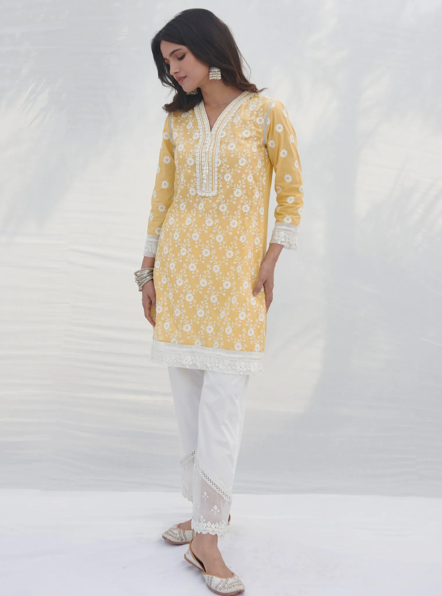 Mulmul Cotton Codli Yellow Kurta With Mulmul Cotton Applique Organza Panel White Pant