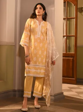 Mulmul Cotton Genia Yellow Kurta With Mulmul Cotton Genia Yellow Pant