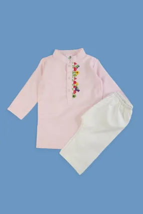 Mushroom - Cotton Hand Embroidered Pastel Pink Kurta paired with Pajama Pants