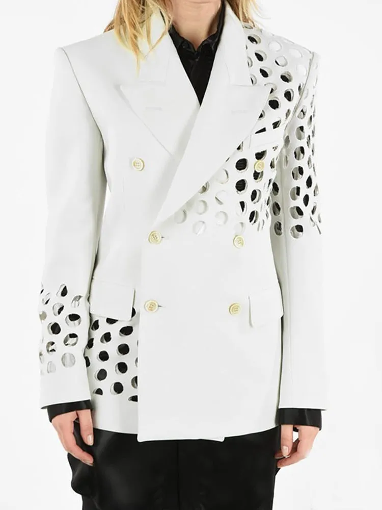 Notched Collar Hollow Out Double-Breasted Solid Color Blazer