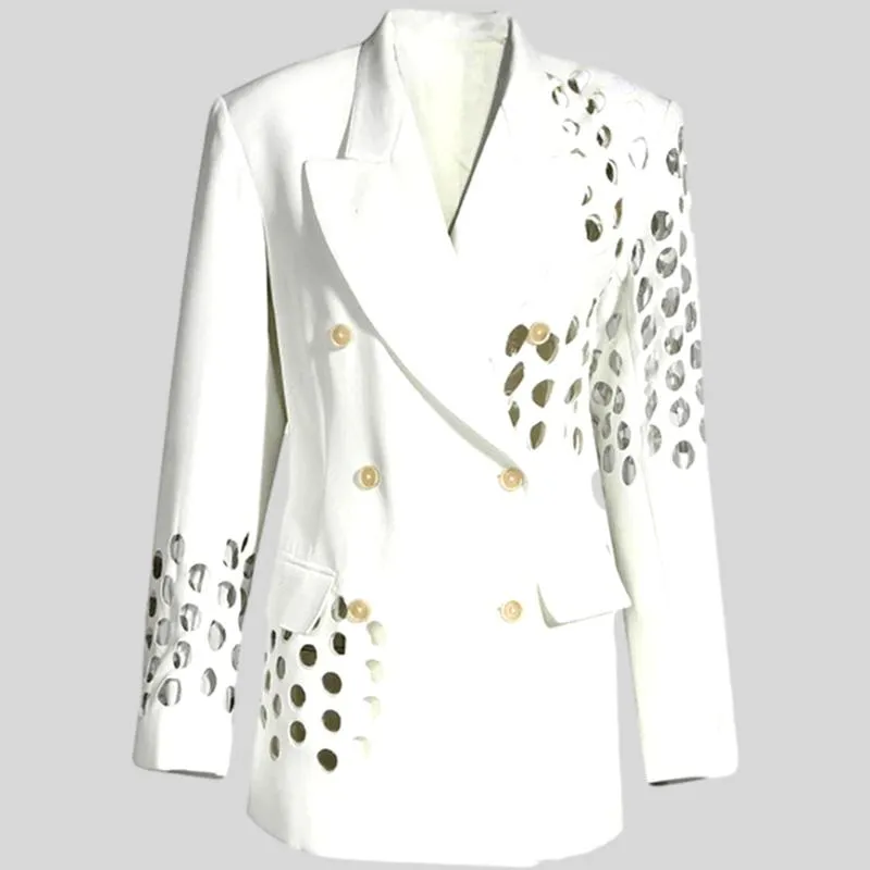 Notched Collar Hollow Out Double-Breasted Solid Color Blazer