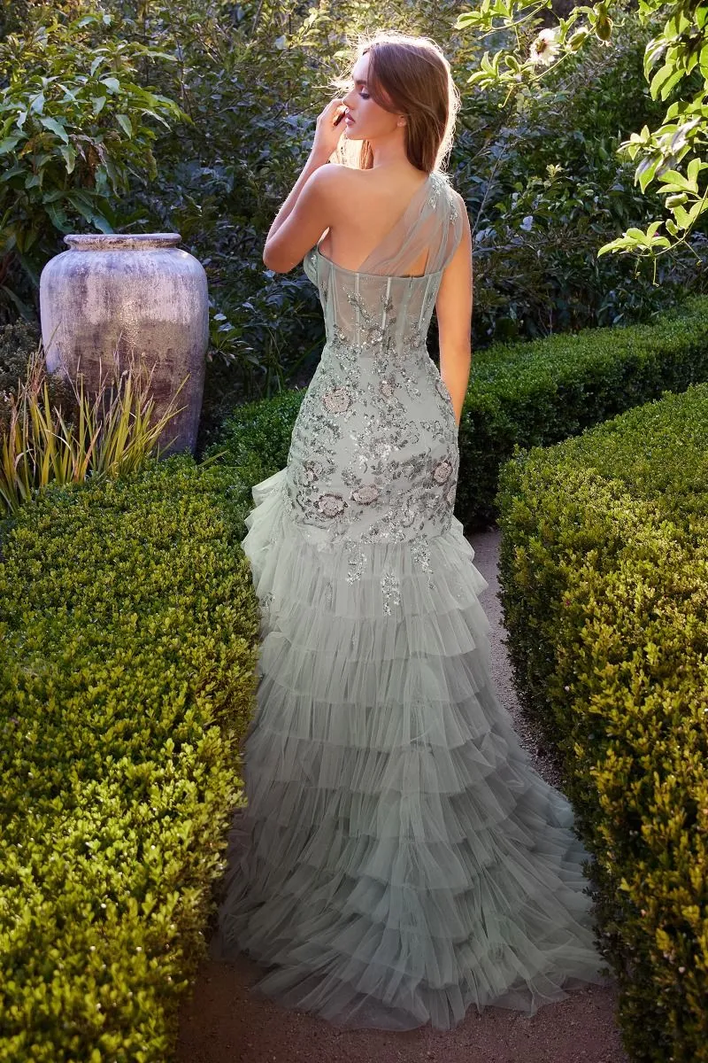 ONE SHOULDER EMBELLISHED LAYERED TULLE MERMAID GOWN CDA1260