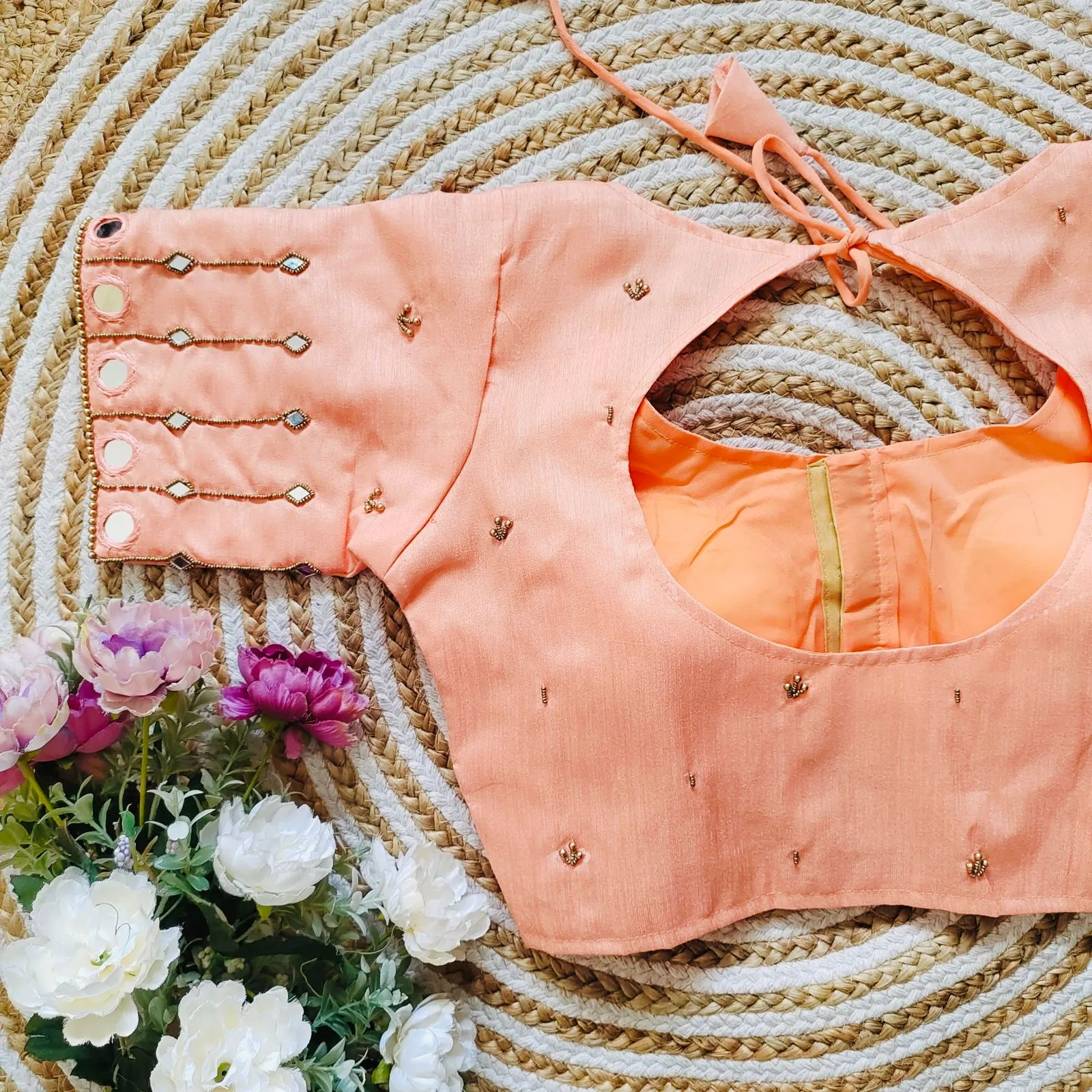 Orange Russian Silk Blouse with Mirror and Pearl Embellishments