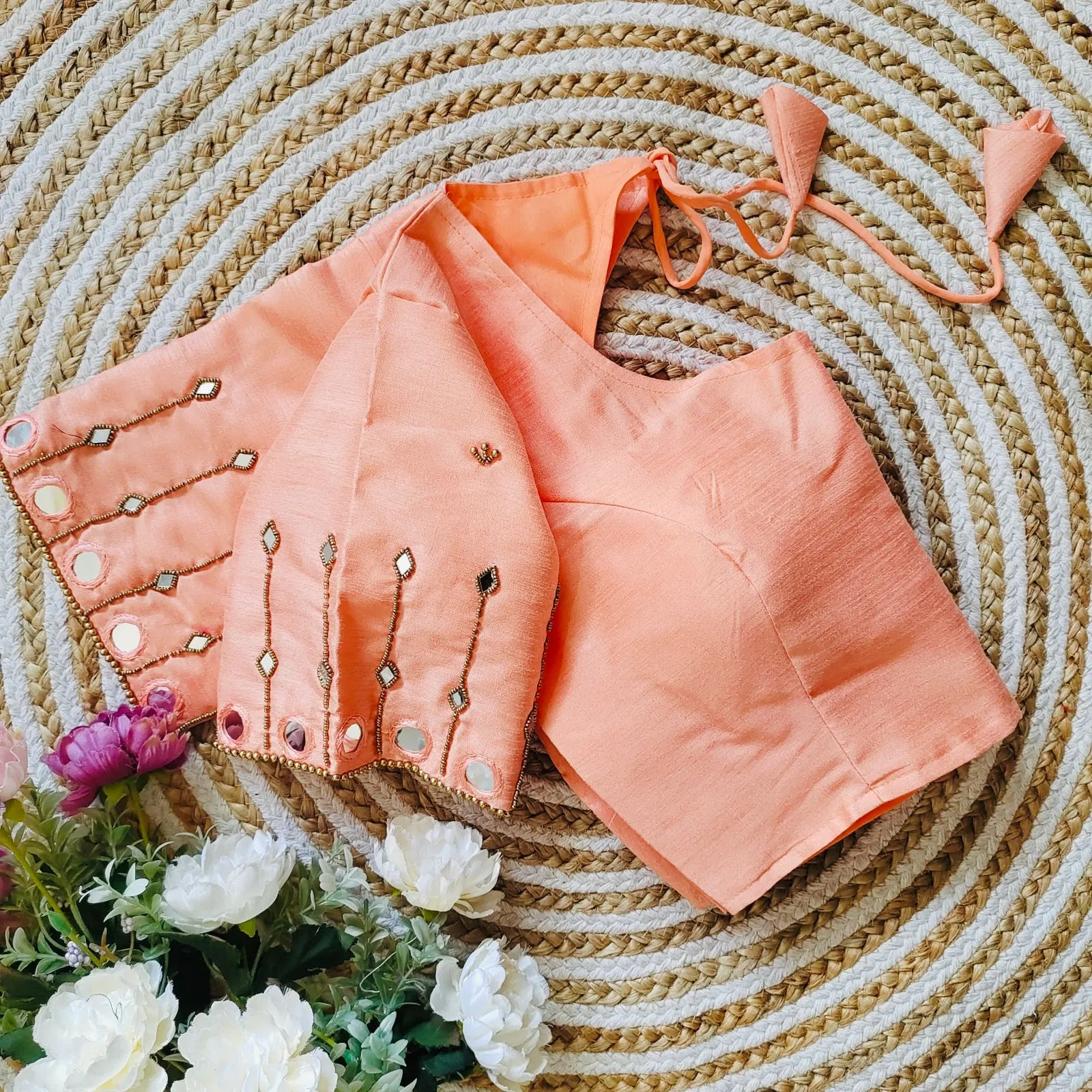 Orange Russian Silk Blouse with Mirror and Pearl Embellishments