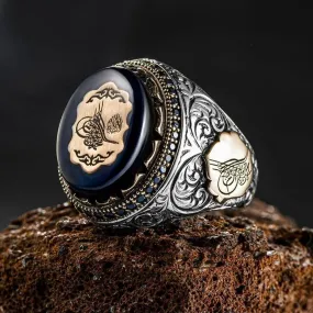 Ottoman Tugra in Amber Stone Silver Ring