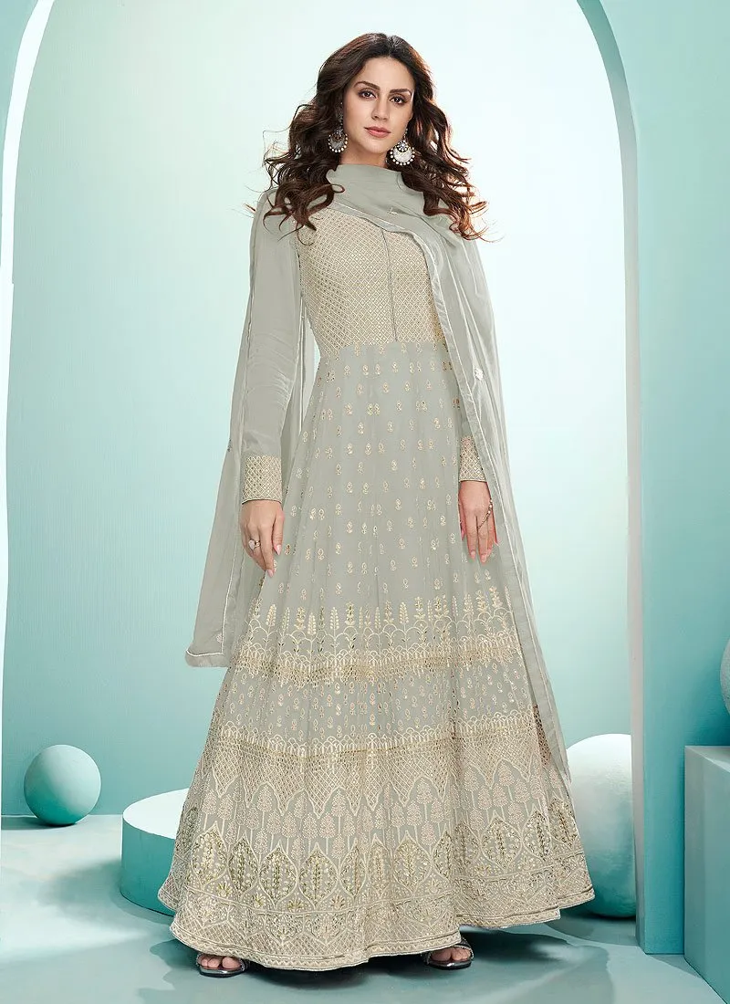 Pale Grey Georgette Chikankari Embroidered Anarkali