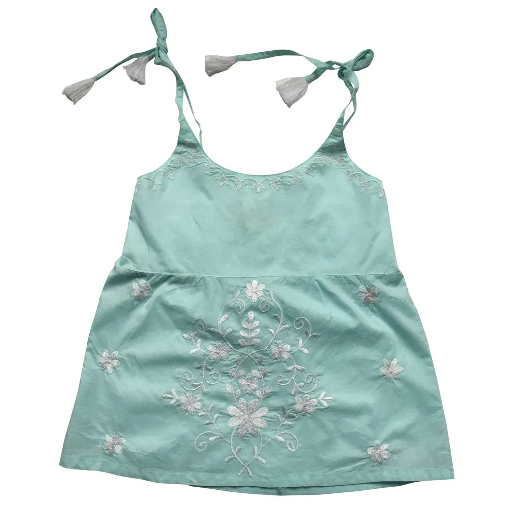 Palma Green Embroidered Top with Tassel Straps