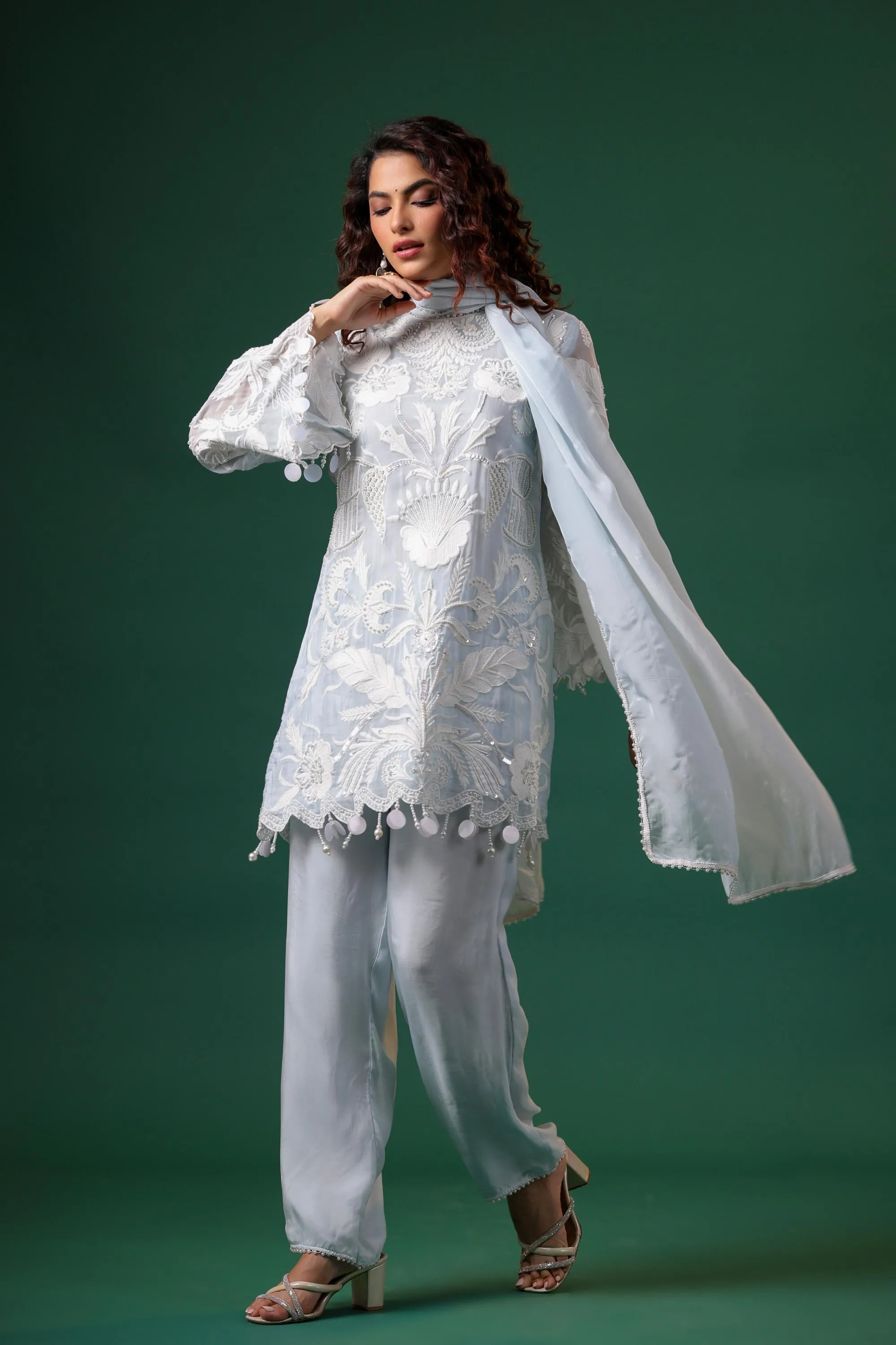 Pastel Blue Embroidered Premium Organza Silk Pants Set