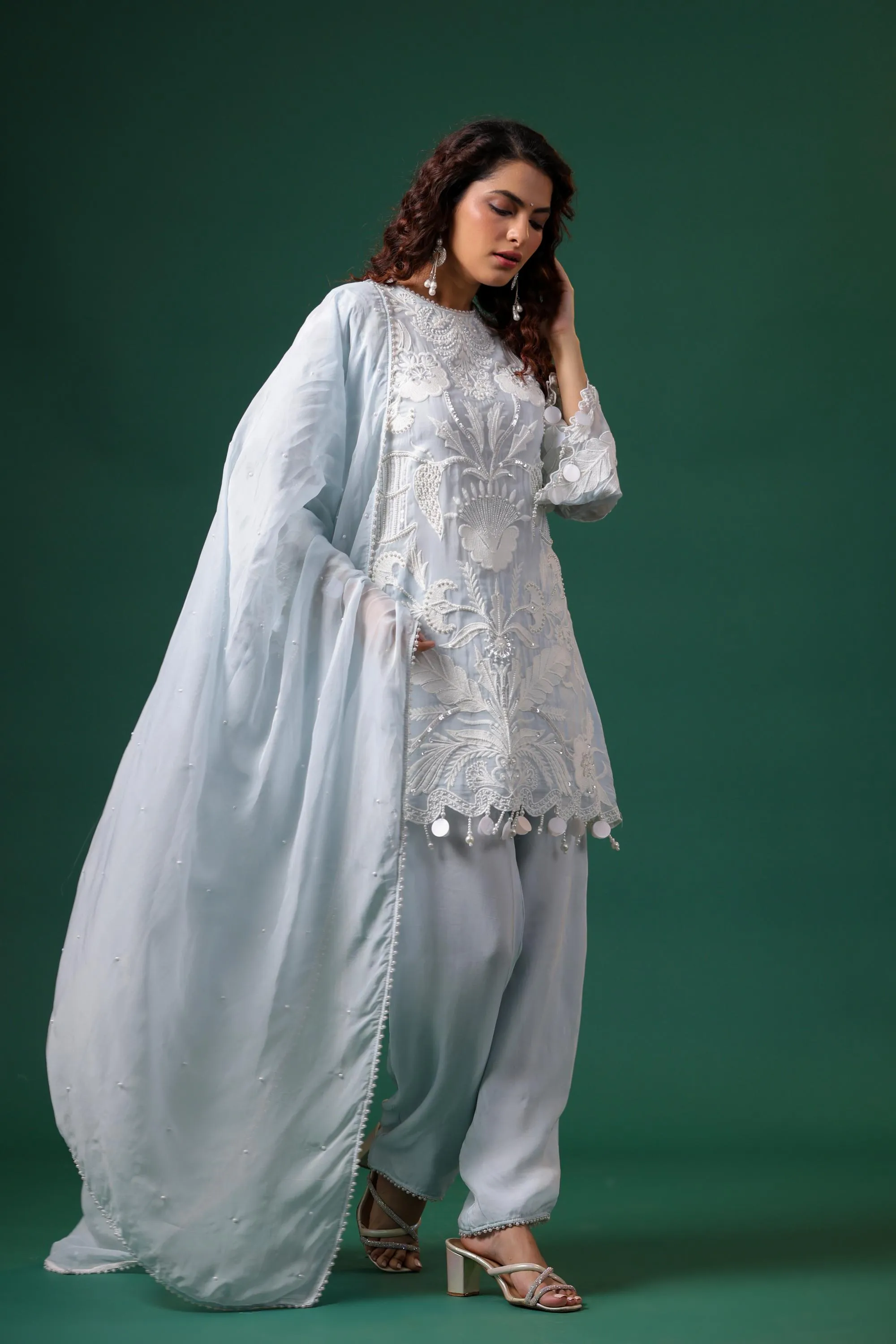 Pastel Blue Embroidered Premium Organza Silk Pants Set