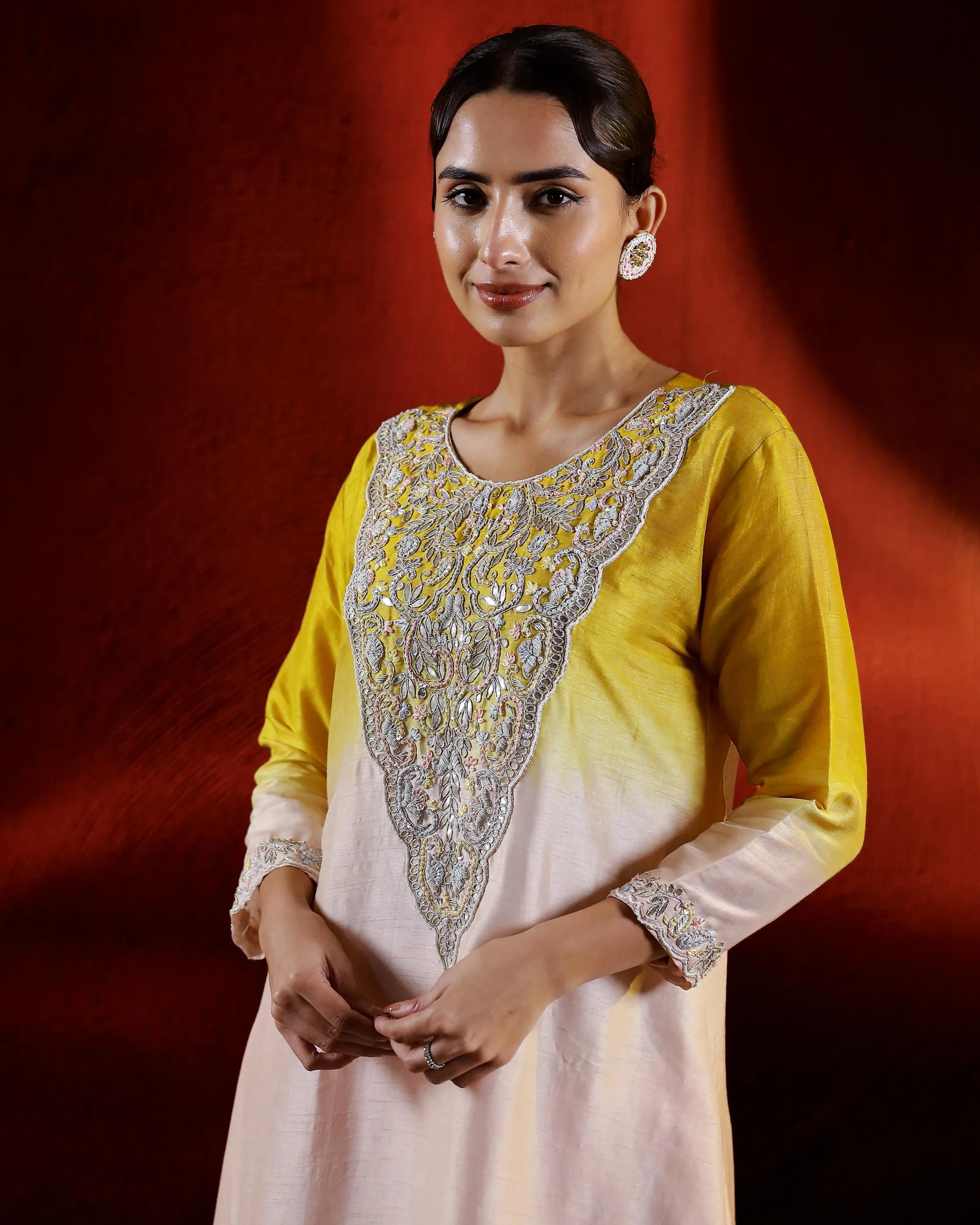 Pastel Peach Embellished Raw Silk Kurta Set