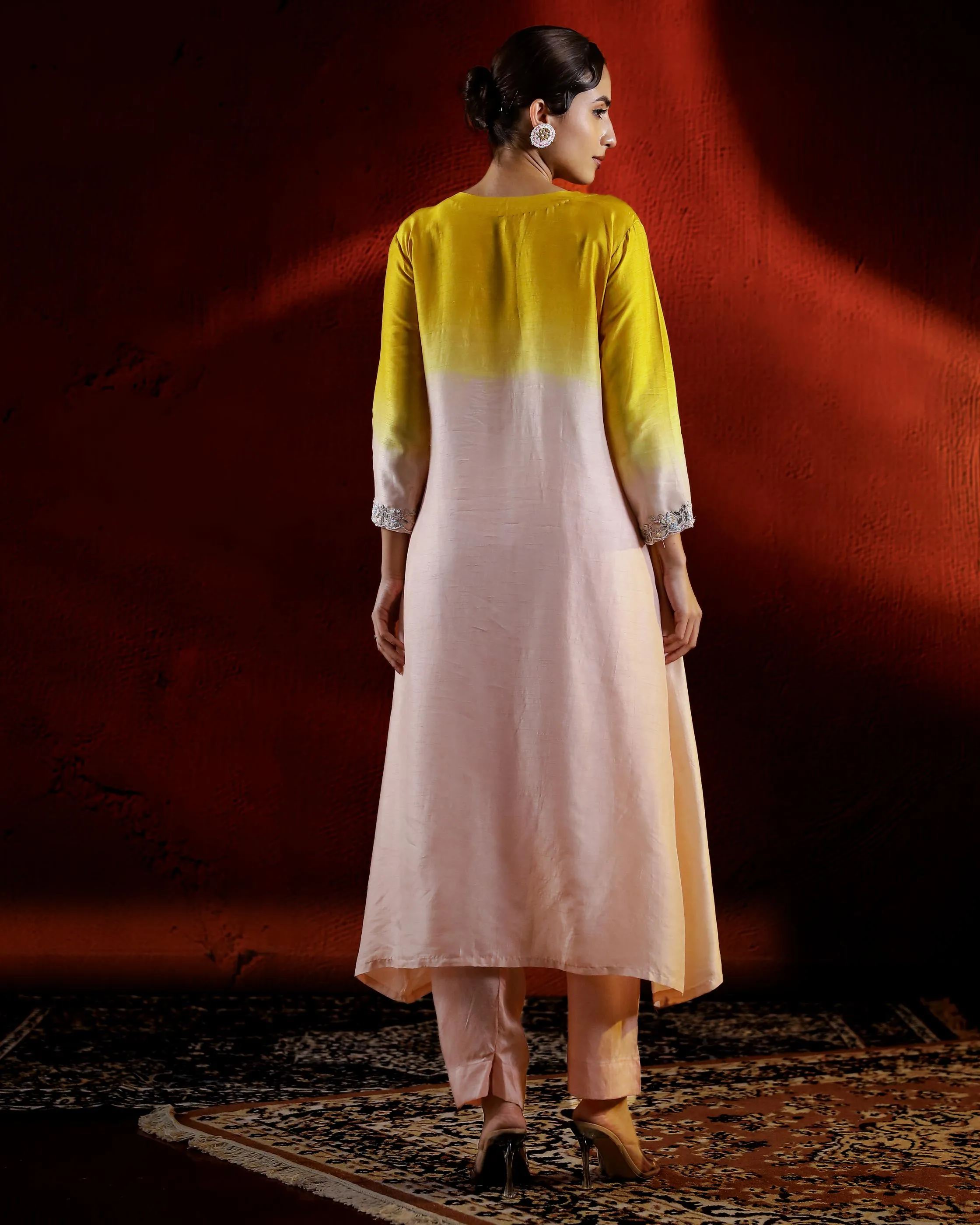 Pastel Peach Embellished Raw Silk Kurta Set