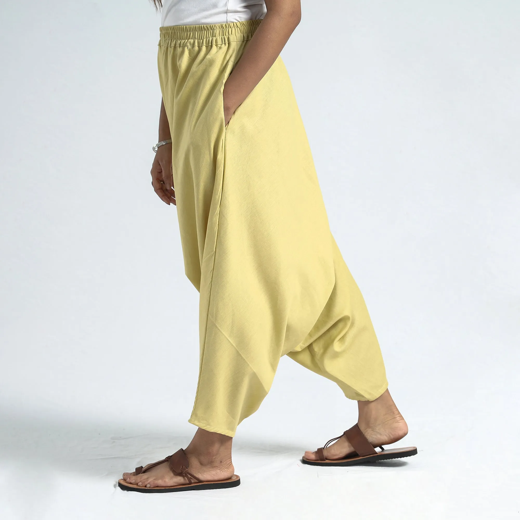 Pastel Yellow - Plain Flex Cotton Elasticated Harem Pant