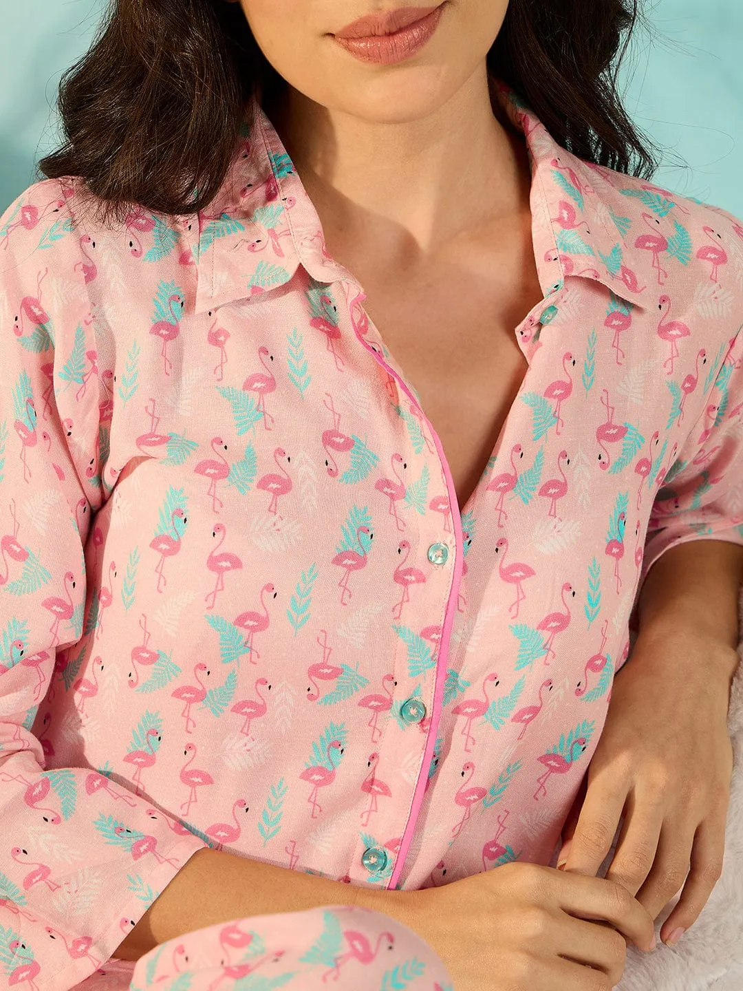 Pink Flamingo Print Relaxing Cotton Pyjama Set For Women