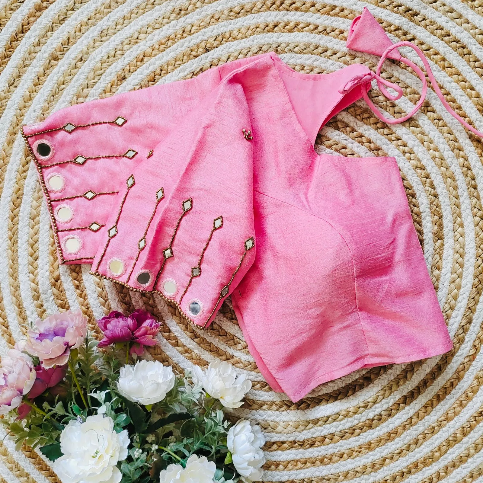 Pink Russian Silk Blouse with Mirror and Pearl Embellishments