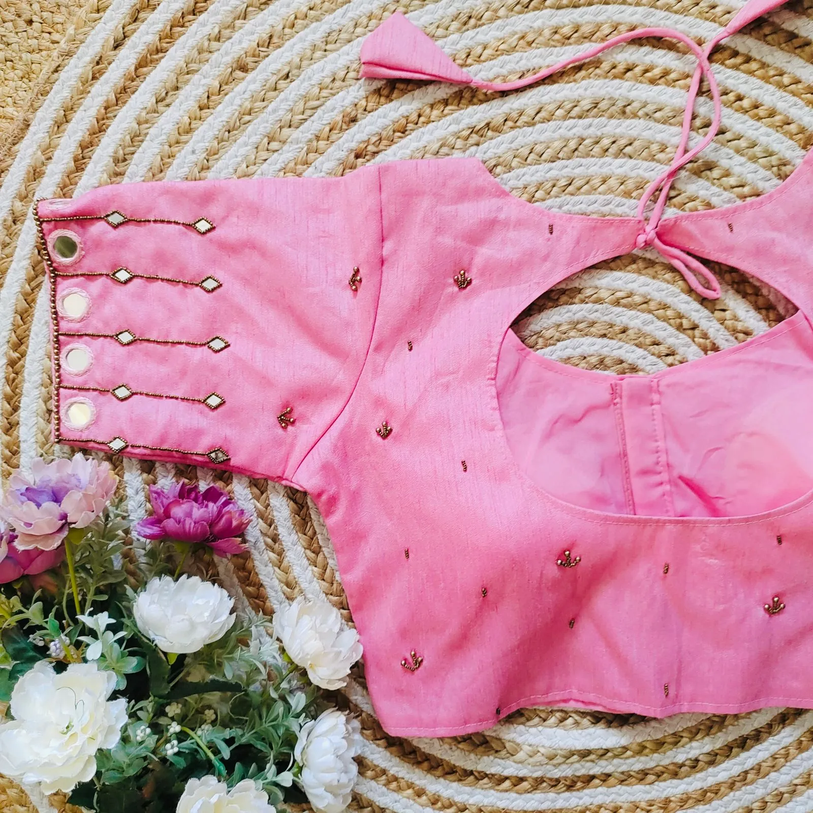 Pink Russian Silk Blouse with Mirror and Pearl Embellishments