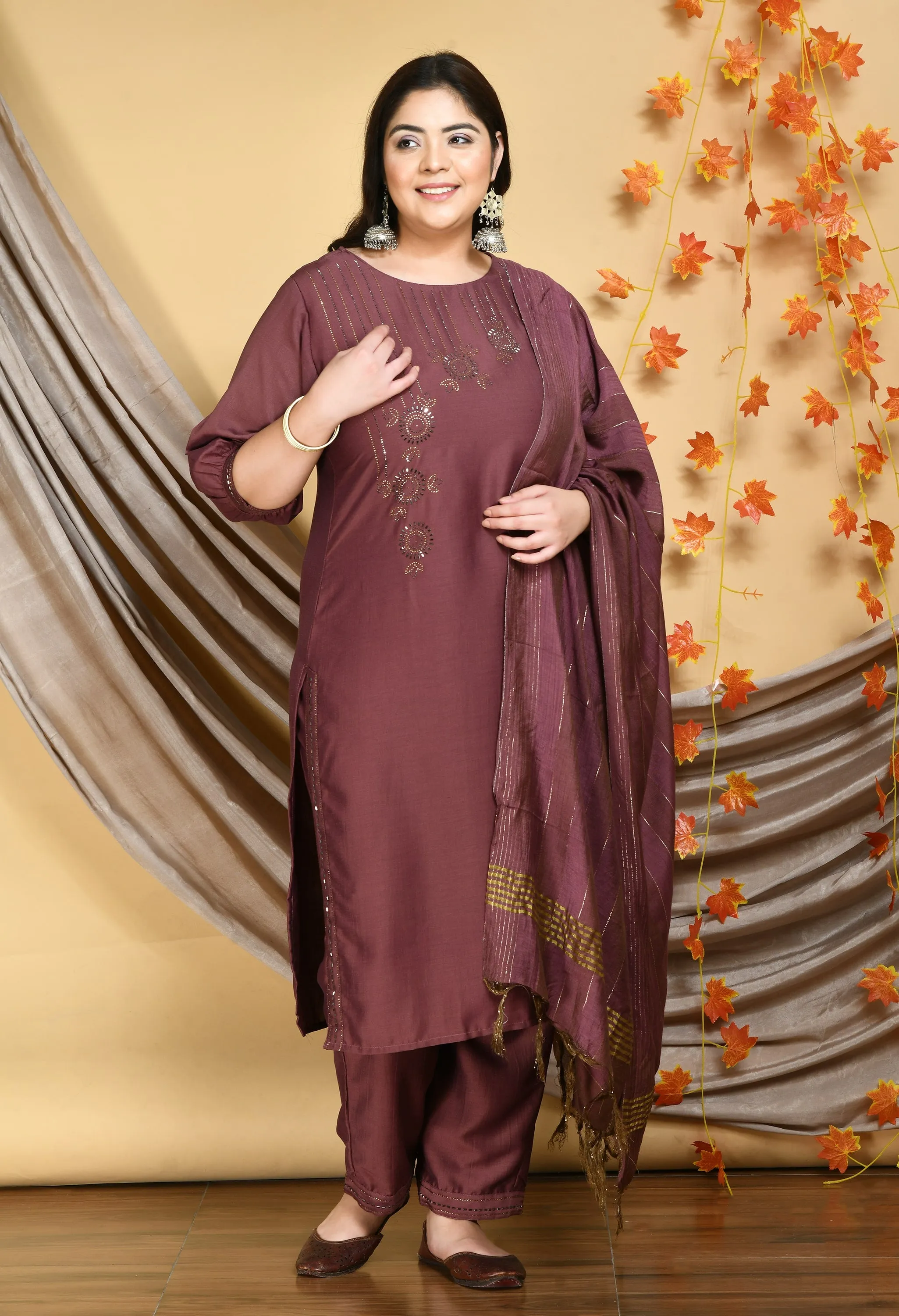 Plus Size Pastel Copper Kurta Set with Dupatta