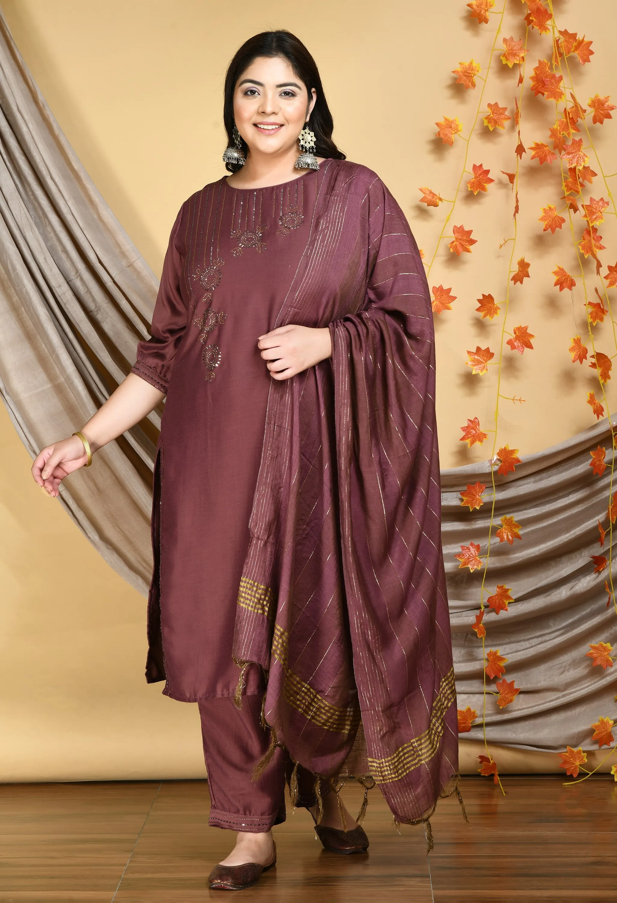 Plus Size Pastel Copper Kurta Set with Dupatta