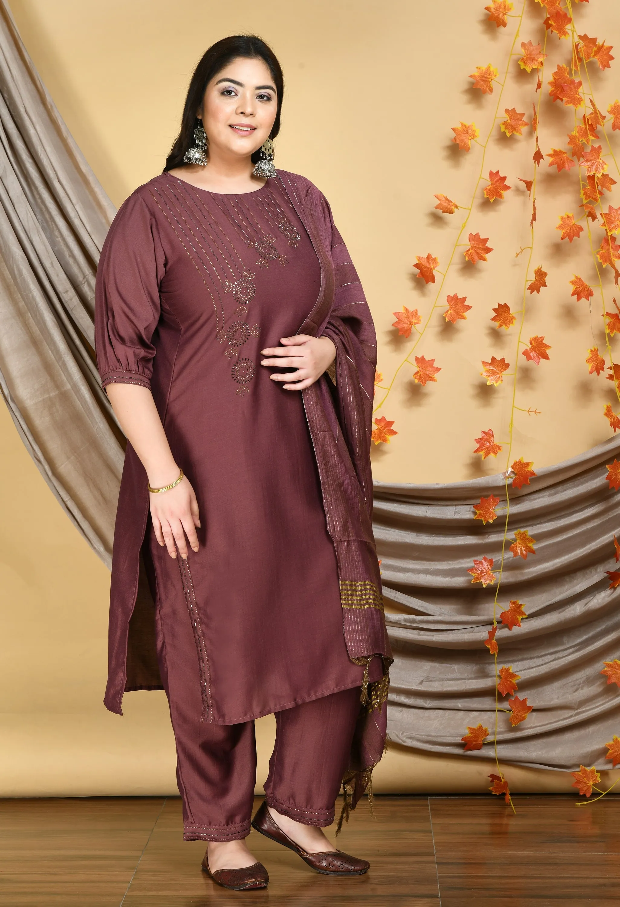 Plus Size Pastel Copper Kurta Set with Dupatta