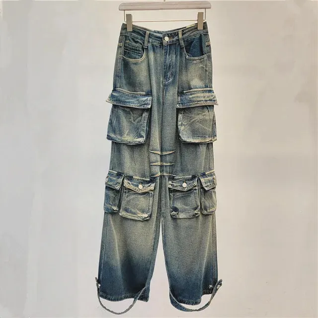 Pre Order:  Multi Pocket Wide Leg Cargo Jeans