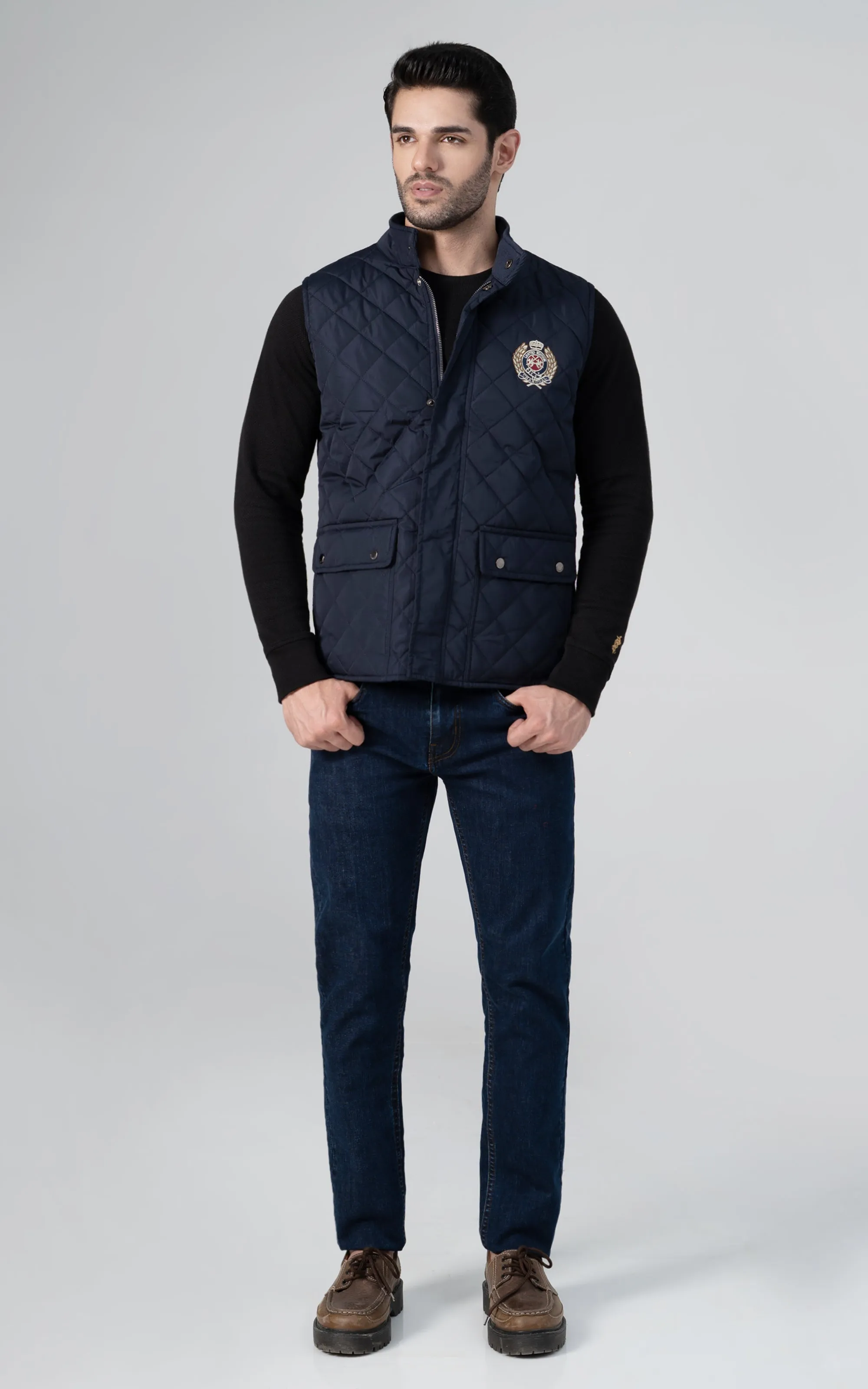 QUILTED LOGO EMBROIDERED JACKET NAVY