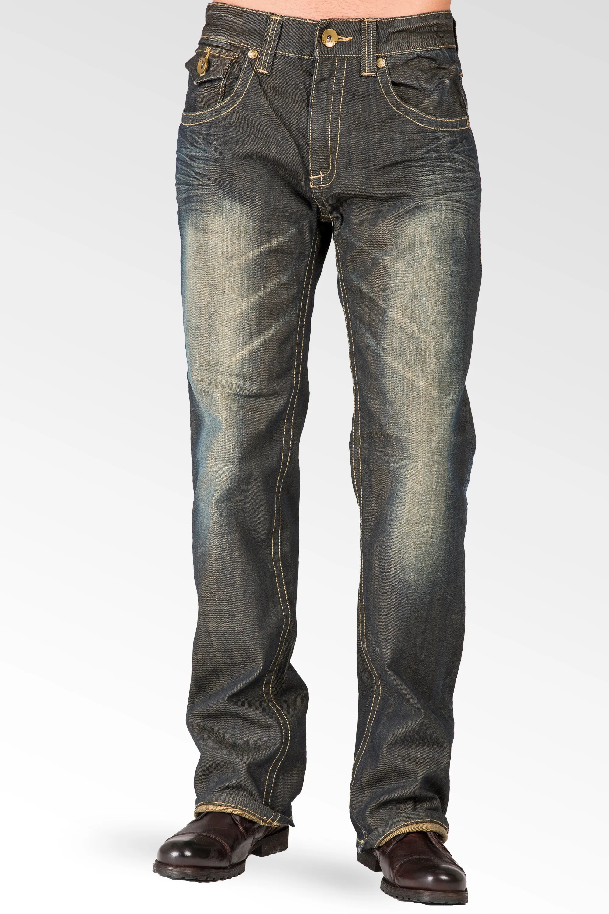 Relaxed Bootcut Dark Tinted Premium Denim Jeans Zipper Trim & Utility Back Pocket