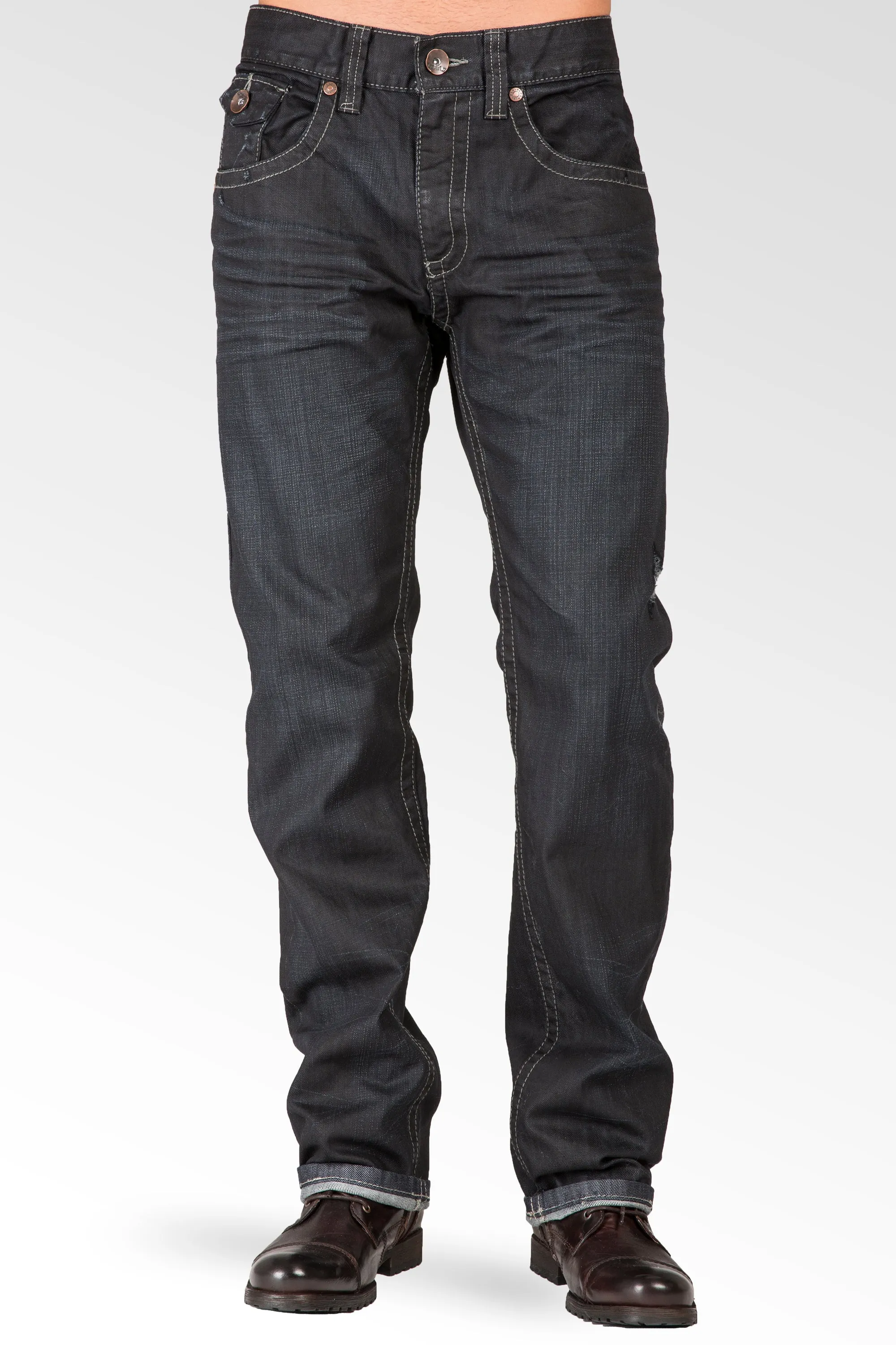 Relaxed Straight Dark Indigo Premium Denim Zip Pocket Jean With Overspray Coating