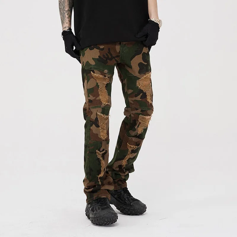 Retro Camouflage Ripped Green Jeans