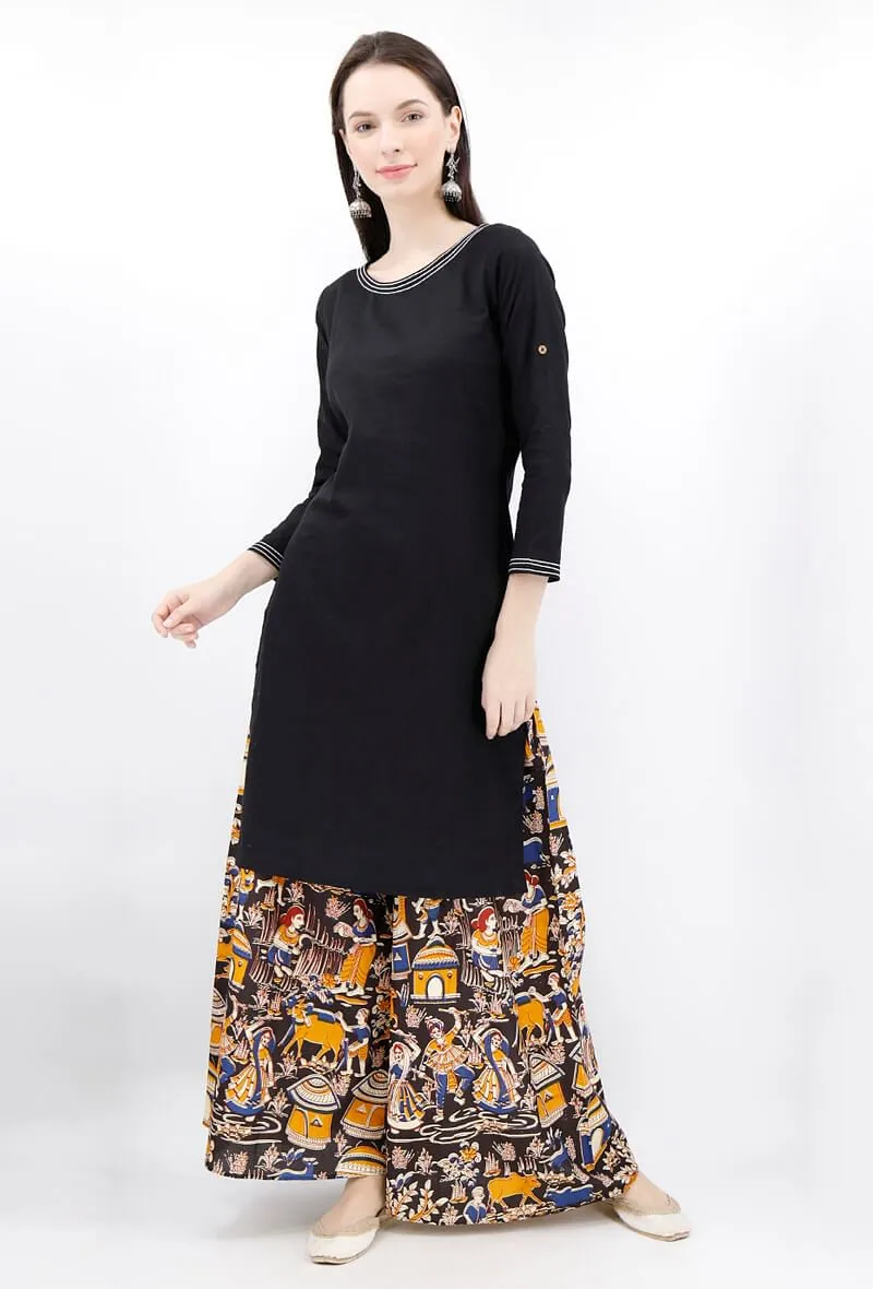 Set of 2 - Black Cotton Kurta And Deep Berry Kalamkari Palazzo