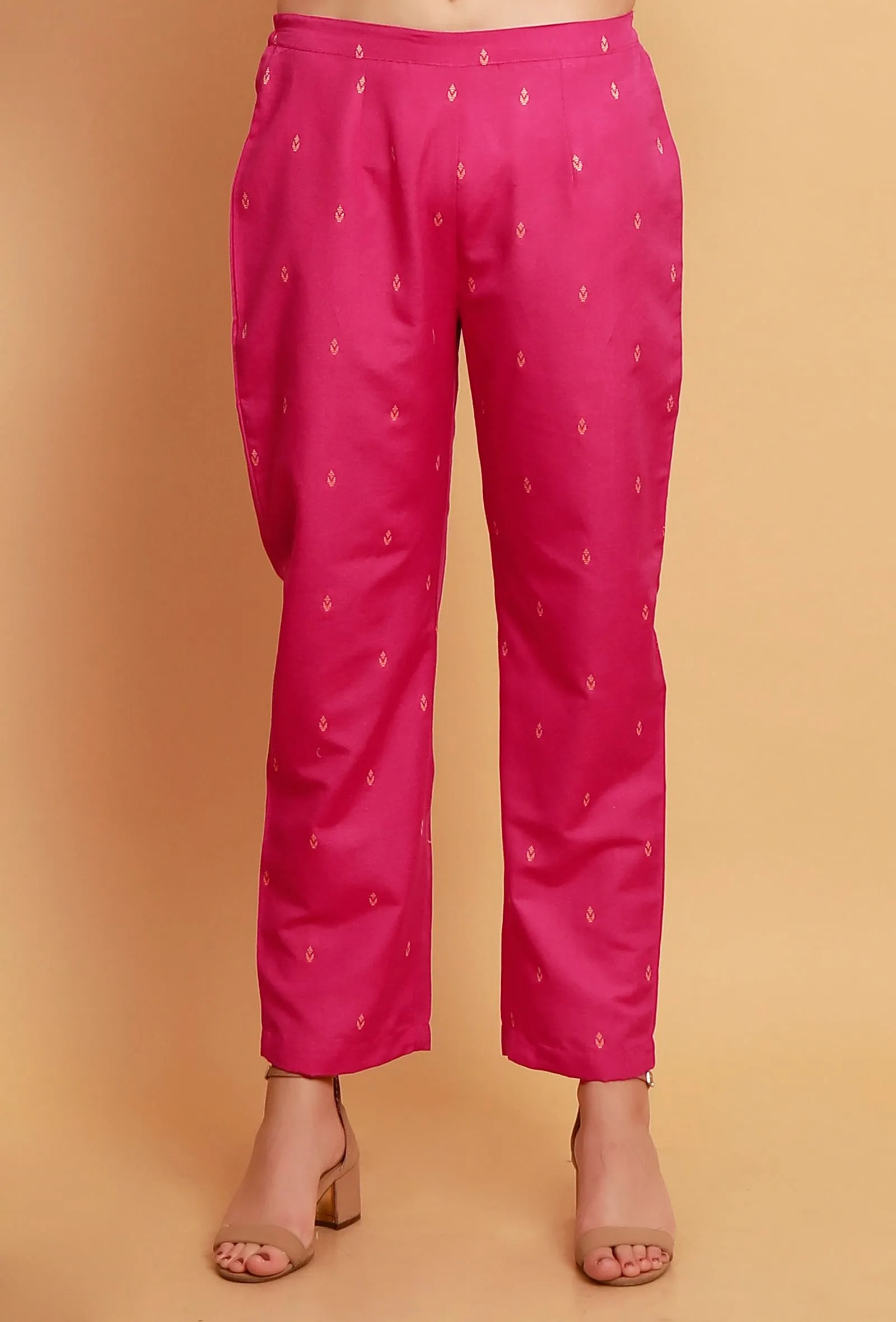 Set of 2:  Pink  A-line Woven Kurta with Pink Woven Straight Pants