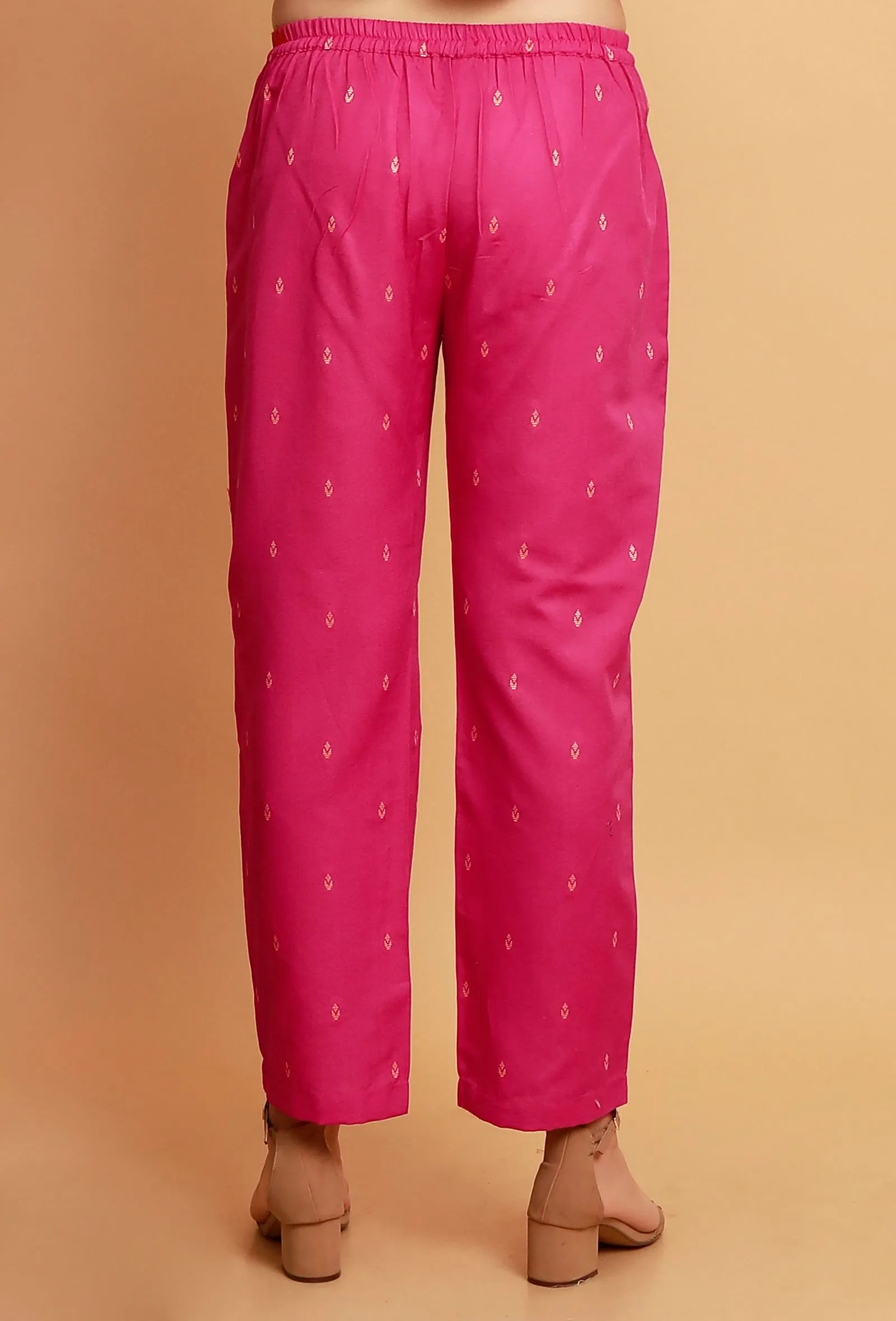 Set of 2:  Pink  A-line Woven Kurta with Pink Woven Straight Pants